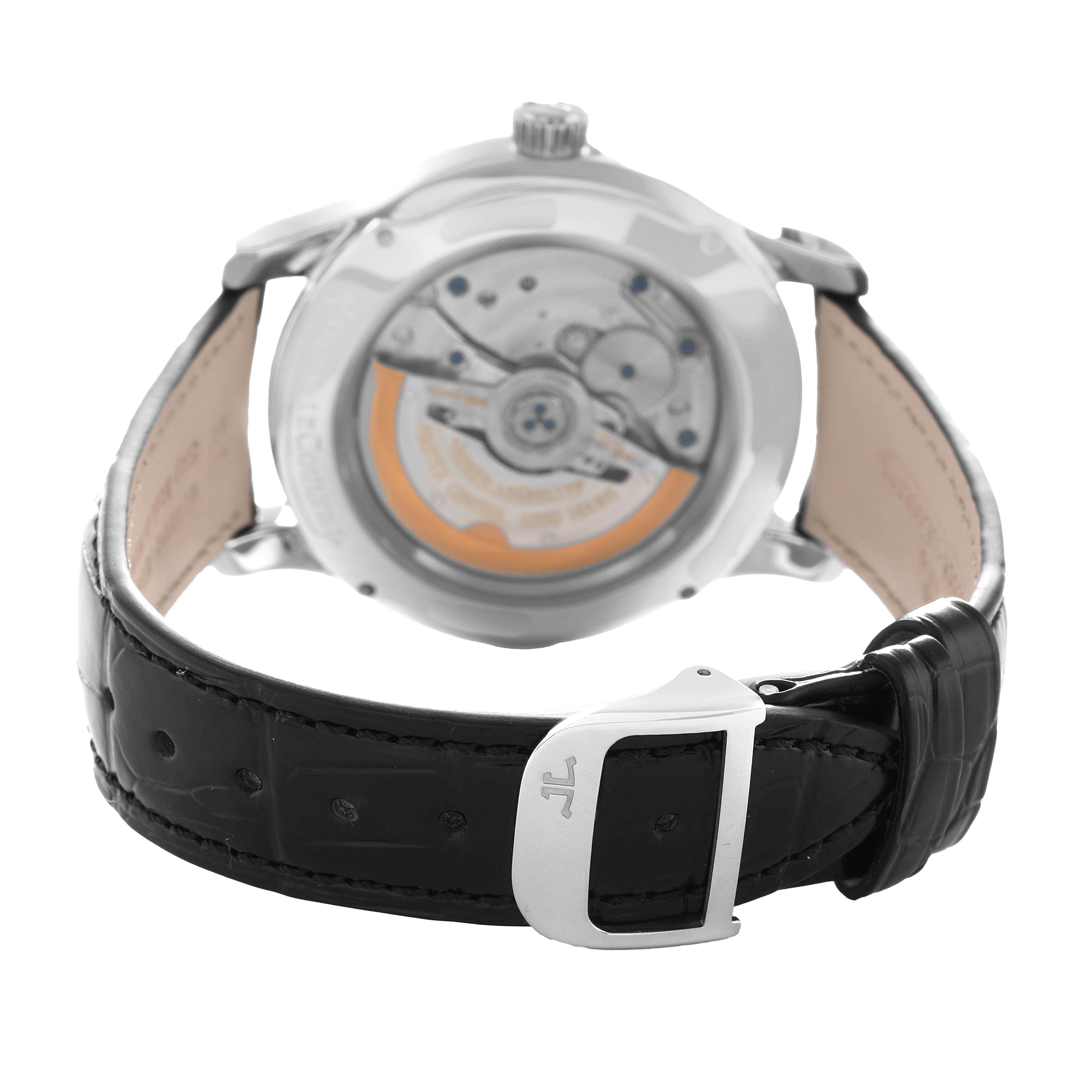 The image shows the back view of a Jaeger-LeCoultre Master watch, highlighting its strap and transparent case back.