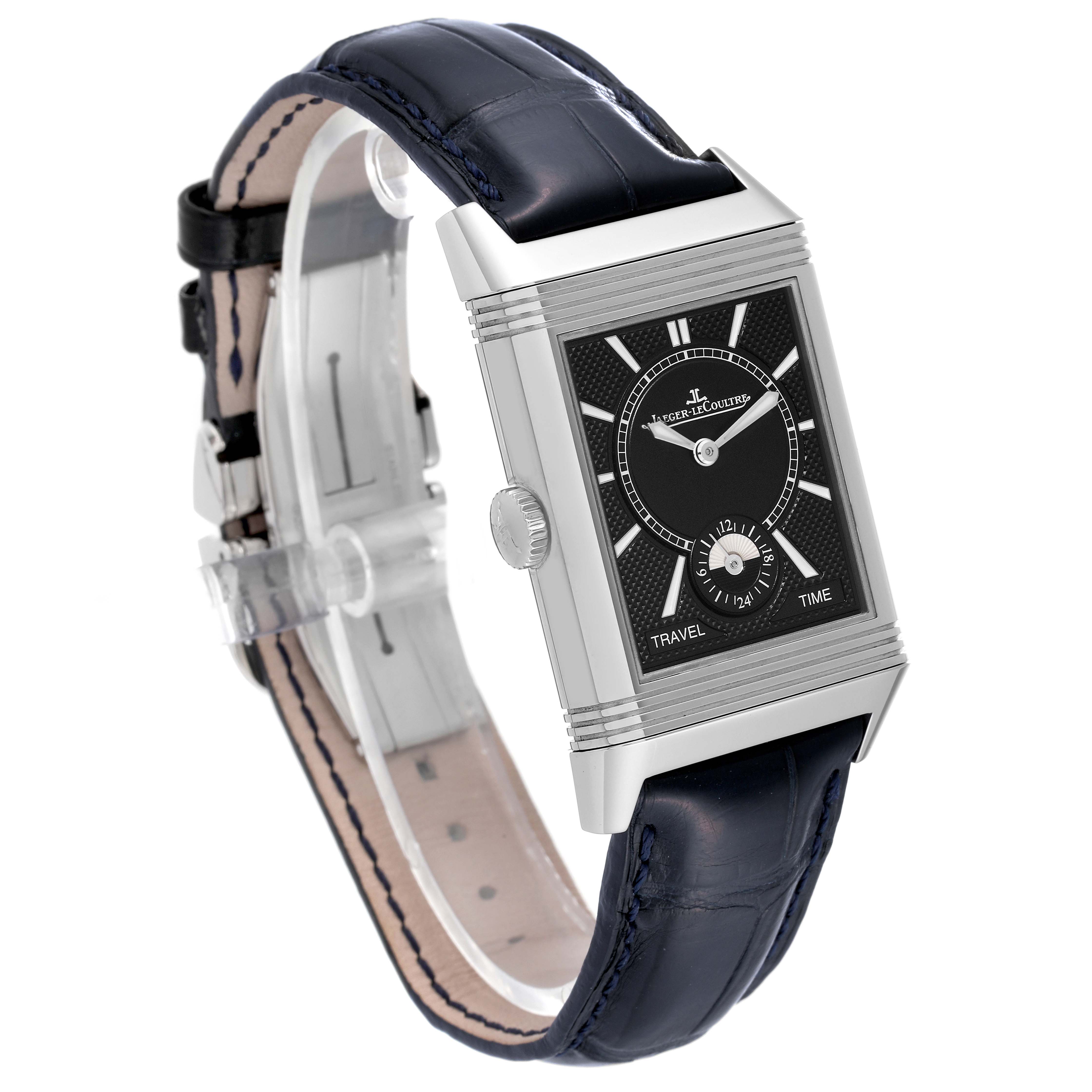 This image shows a Jaeger LeCoultre Reverso Q3848420 Men's Stainless Steel Silver Dial Q3848420 Men's Stainless Steel Silver Dial watch at a three-quarter angle, displaying its face and strap.