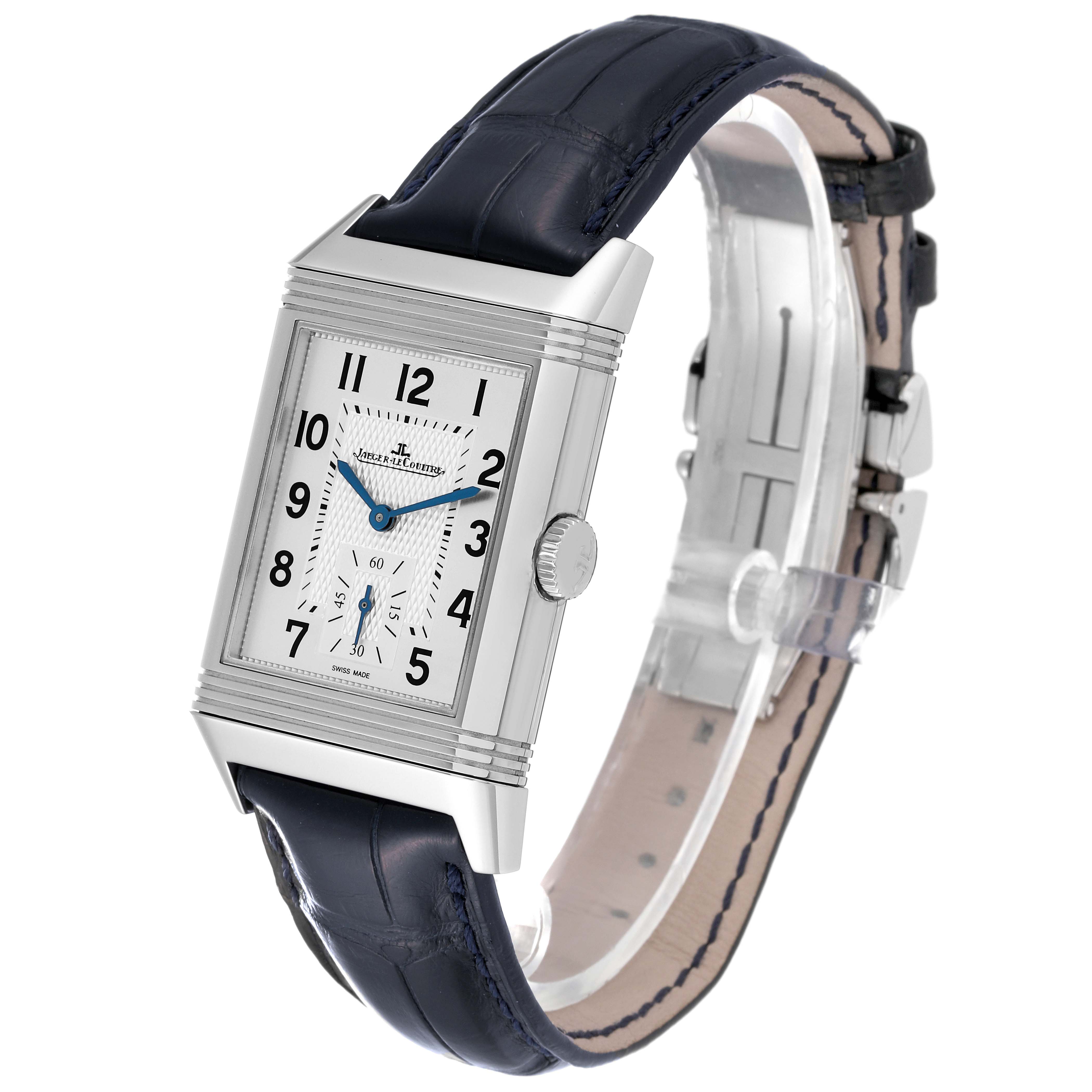 The image shows a Jaeger LeCoultre Reverso Q3848420 Men's Stainless Steel Silver Dial Q3848420 Men's Stainless Steel Silver Dial watch from a front-side angle, highlighting the rectangular case and leather strap.