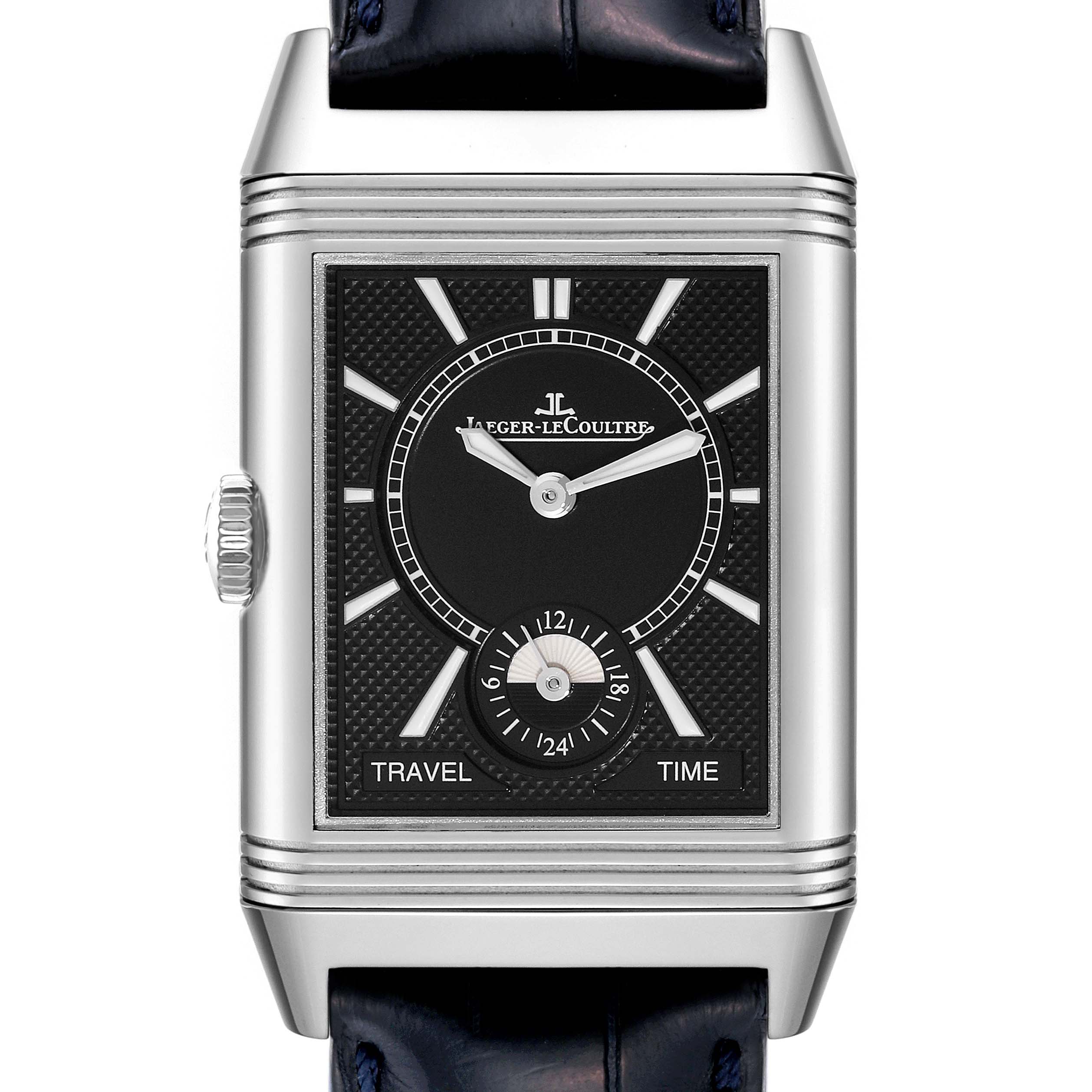 This image shows a frontal view of the Jaeger-LeCoultre Reverso model watch, highlighting its dial, hands, crown, and strap.