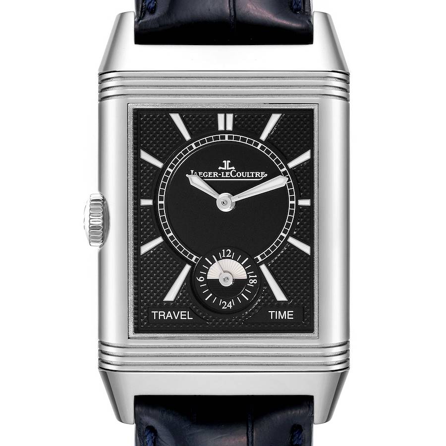 This image shows a frontal view of the Jaeger-LeCoultre Reverso model watch, highlighting its dial, hands, crown, and strap.