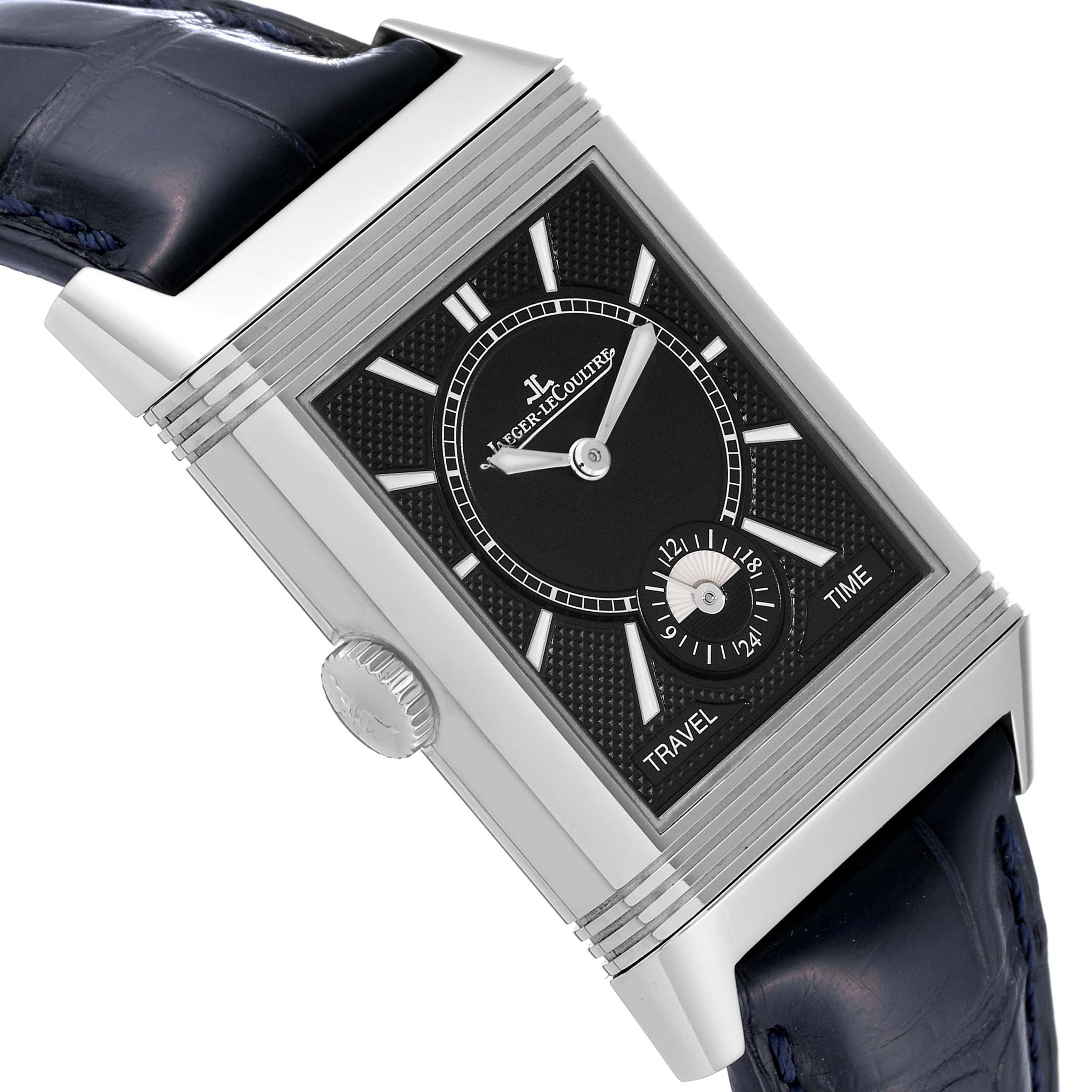 This image shows a close-up of the Jaeger LeCoultre Reverso Q3848420 Men's Stainless Steel Silver Dial Q3848420 Men's Stainless Steel Silver Dial watch, highlighting its rectangular face, crown, and part of the leather strap.