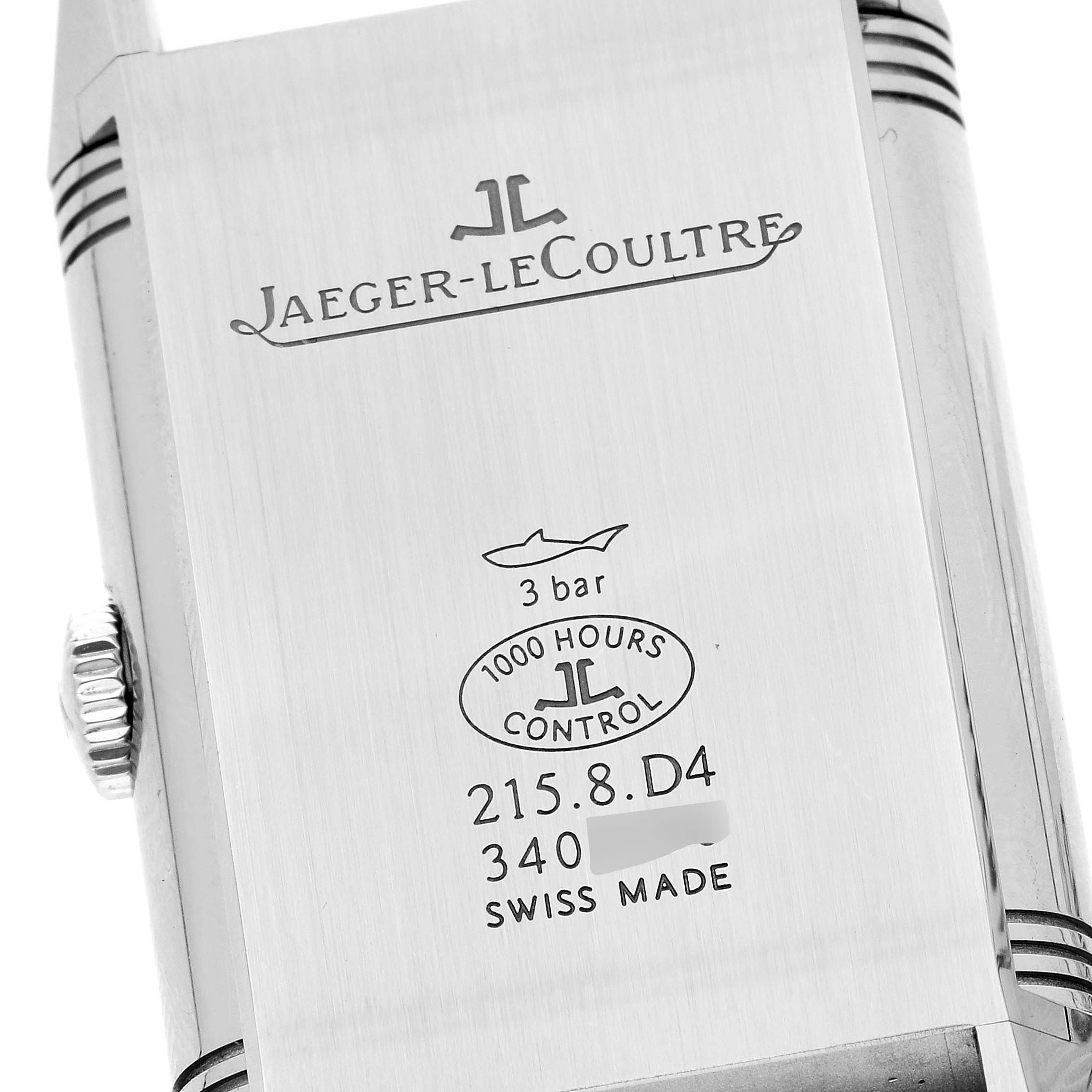 This image shows the back case of the Jaeger-LeCoultre Reverso watch, displaying branding and model details.