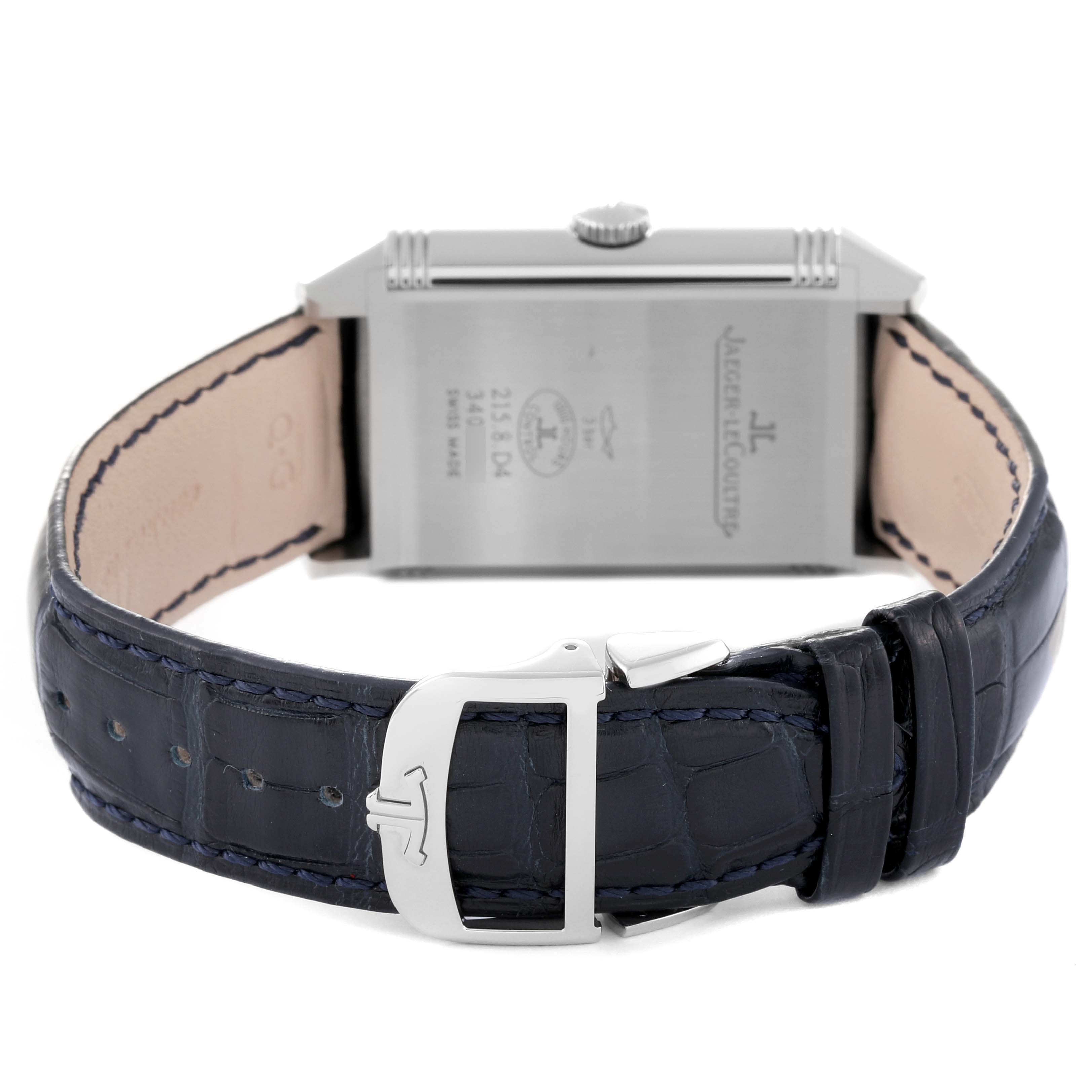 The image shows the back of a Jaeger LeCoultre Reverso Q3848420 Men's Stainless Steel Silver Dial Q3848420 Men's Stainless Steel Silver Dial watch, displaying the caseback and leather strap with the buckle.