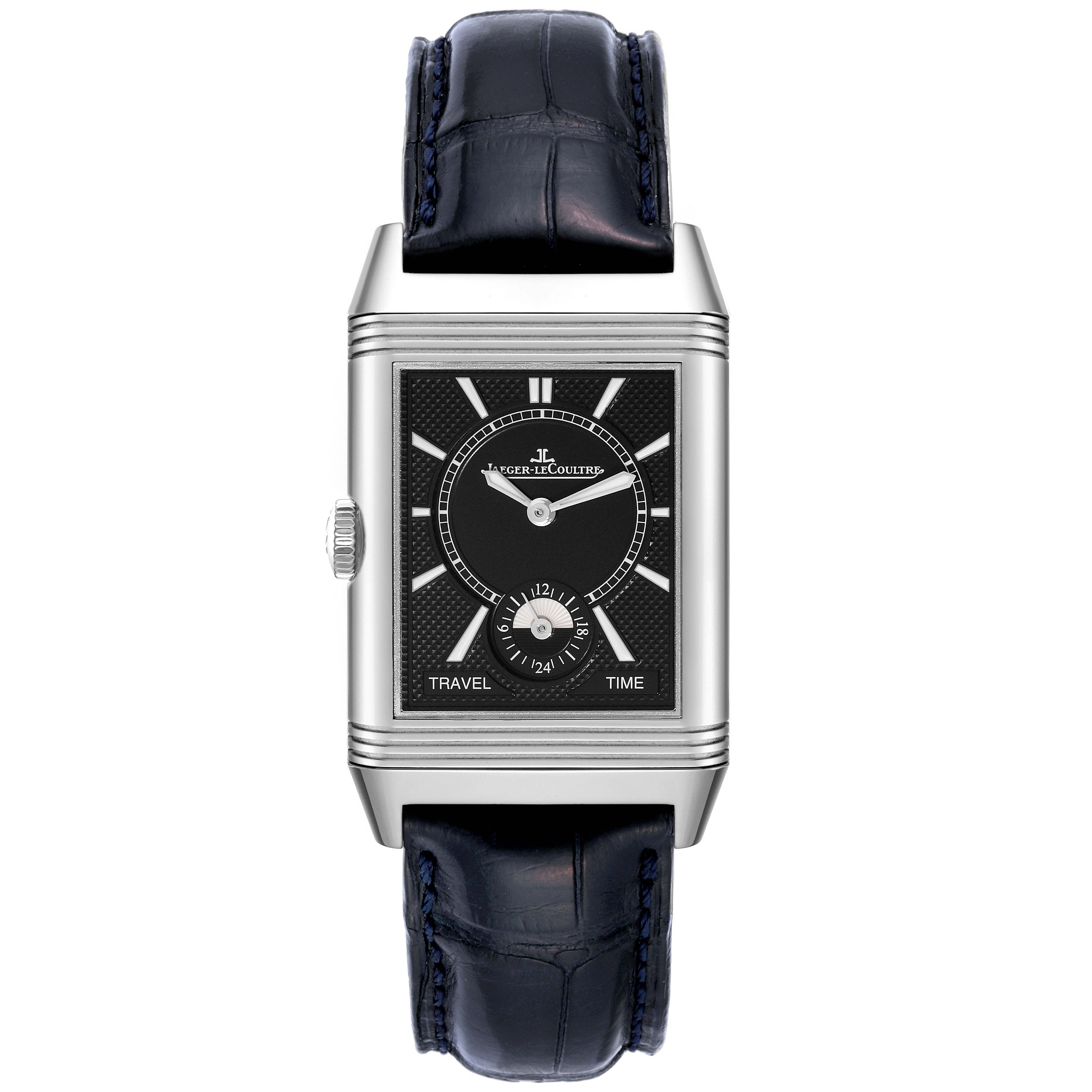 The image shows a front view of the Jaeger-LeCoultre Reverso watch, highlighting its face, dial, and strap.