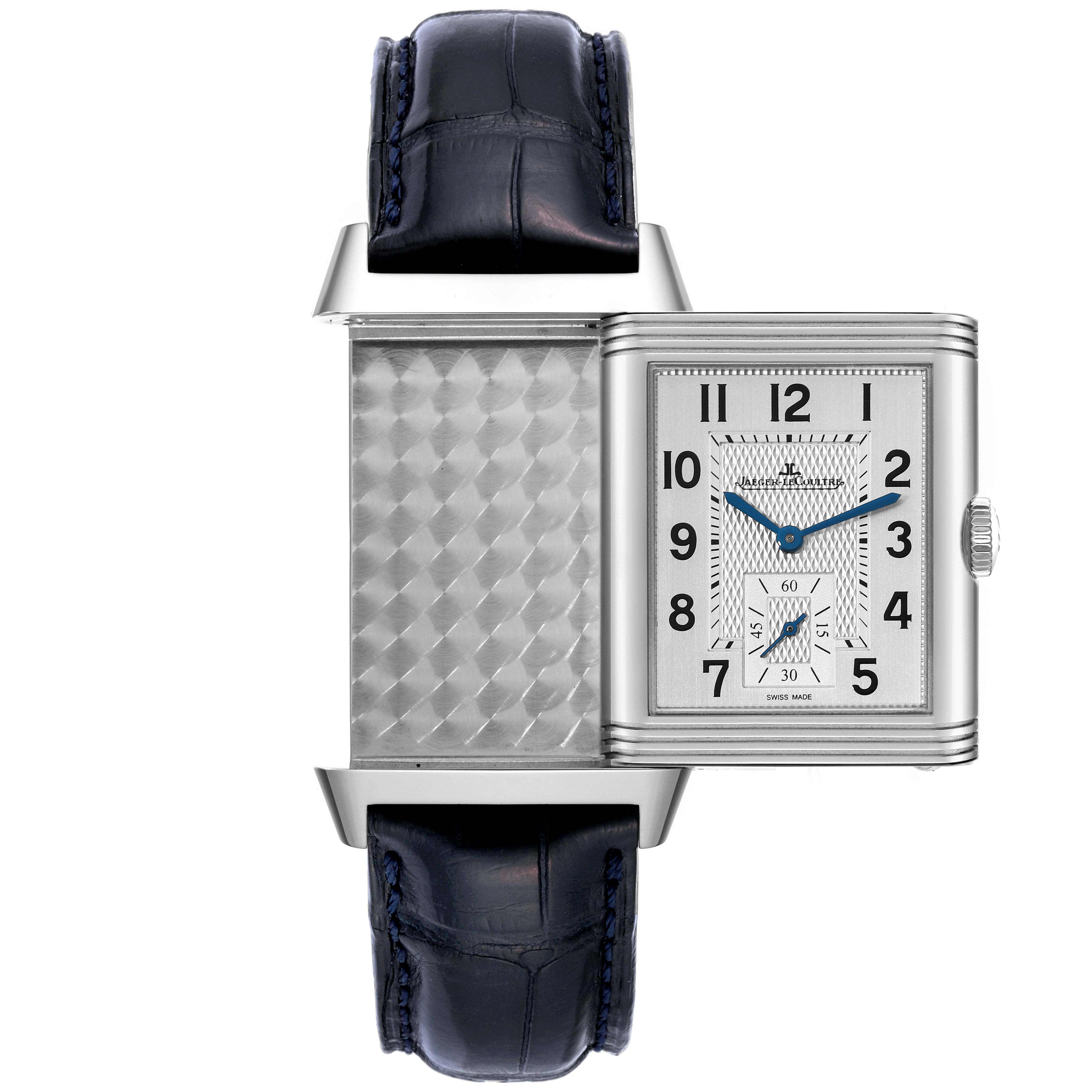 The image shows a Jaeger LeCoultre Reverso Q3848420 Men's Stainless Steel Silver Dial Q3848420 Men's Stainless Steel Silver Dial watch with an open case, exposing both face and reverse sides.