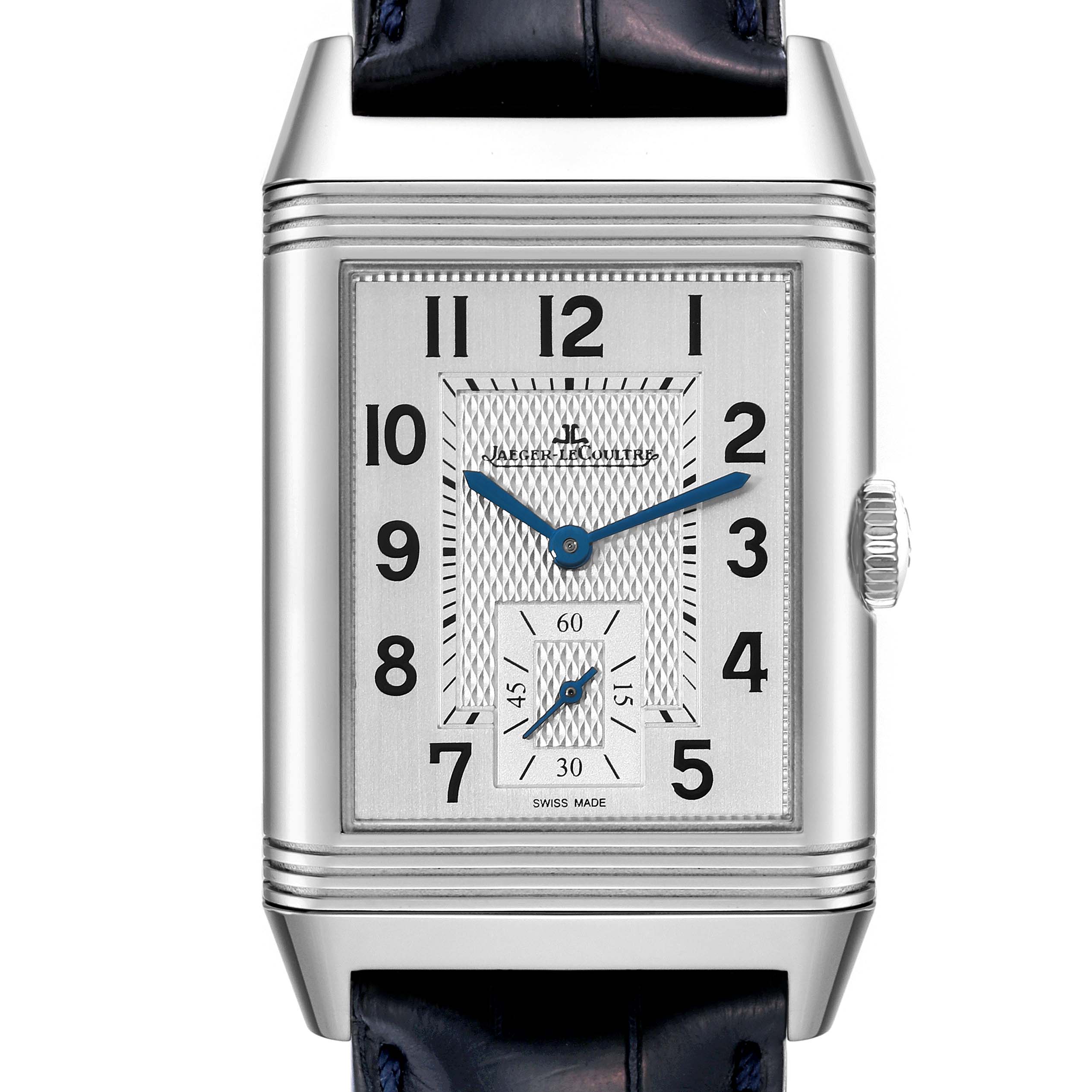 The image shows a frontal view of the Reverso model by Jaeger LeCoultre, featuring a rectangular watch face and blue hands.