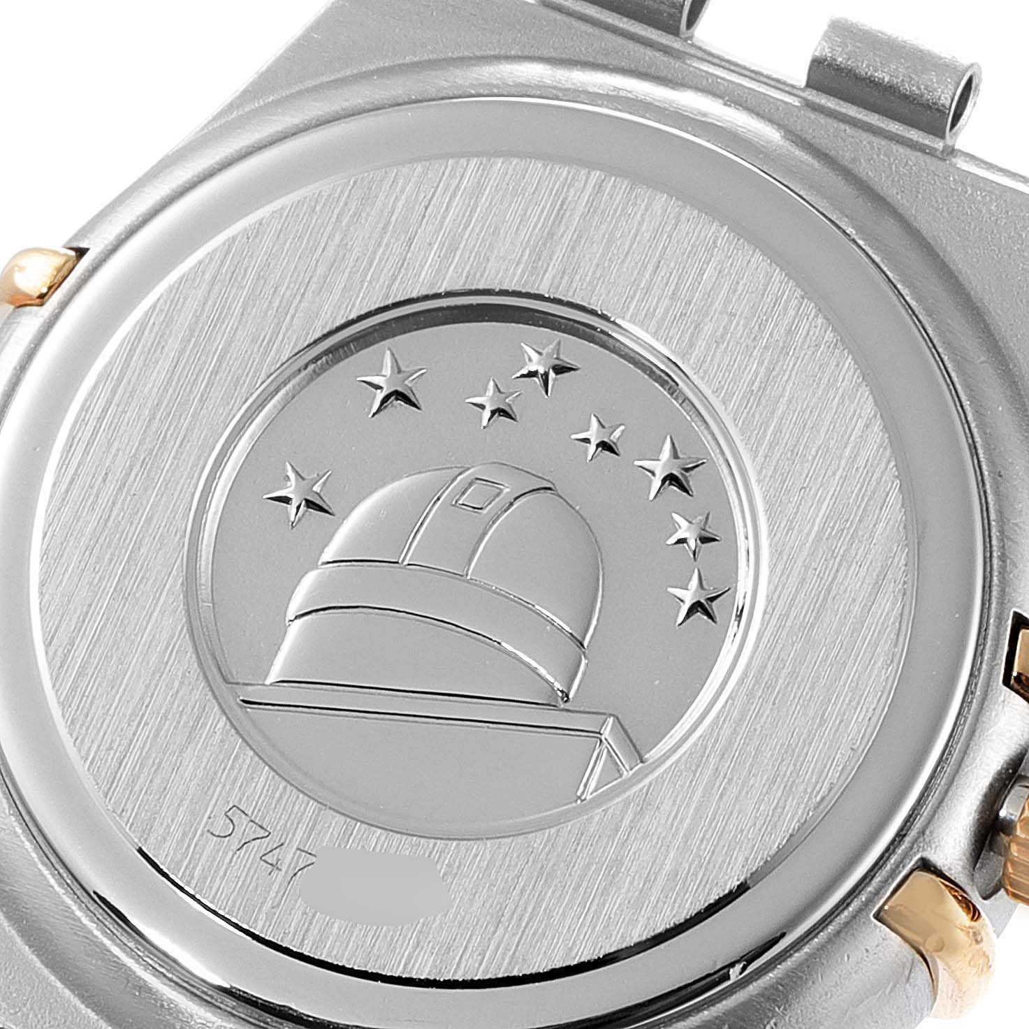 This is the back view of the Omega 1267.70.00 Women's Steel and Gold (two tone) Mother of Pearl Dial 1267.70.00 Women's Steel and Gold (two tone) Mother of Pearl Dial Constellation Steel Yellow Gold MOP Diamond Watch 1267.70.00, showing the engraved observatory logo.