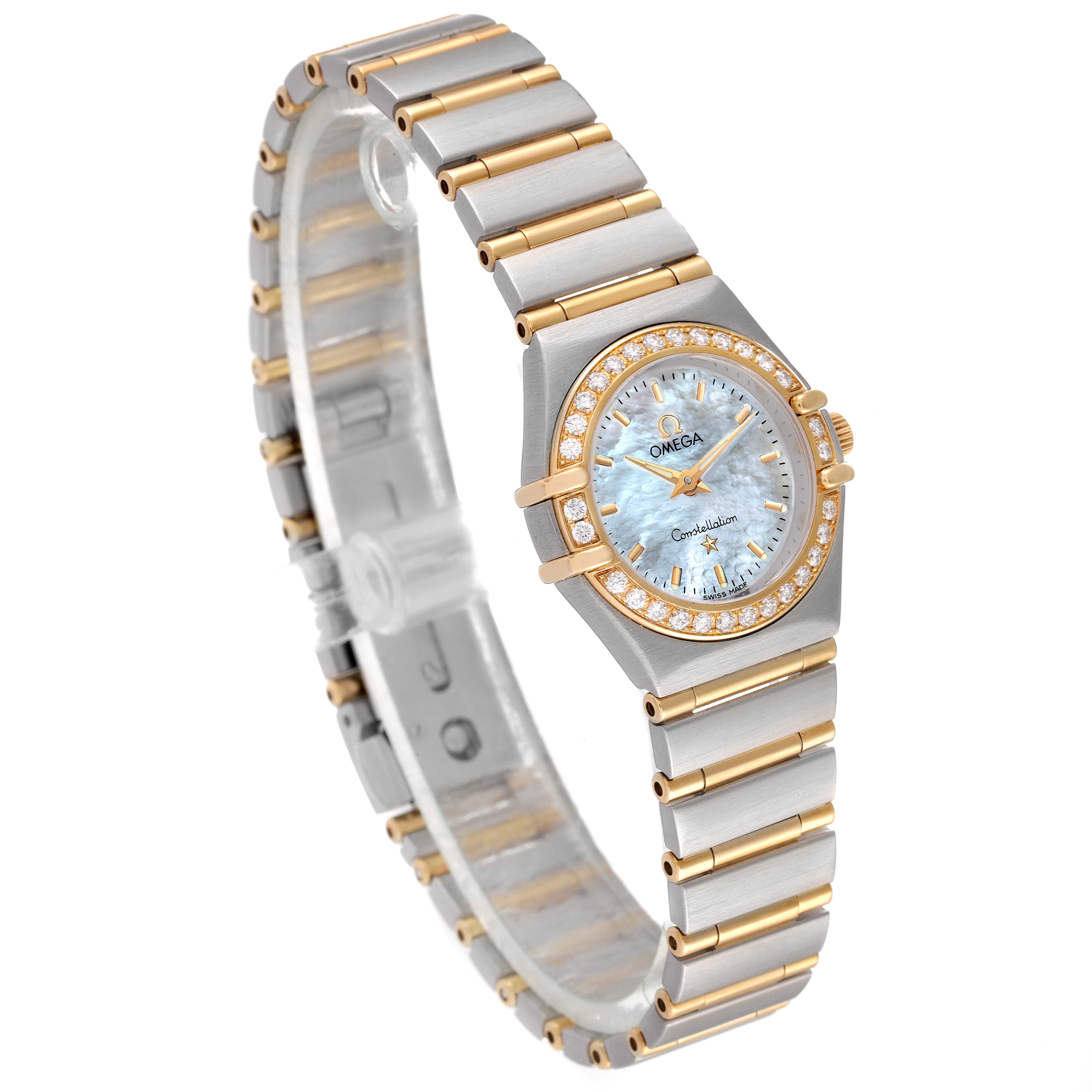 This image shows a side-angle view of the Omega 1267.70.00 Women's Steel and Gold (two tone) Mother of Pearl Dial 1267.70.00 Women's Steel and Gold (two tone) Mother of Pearl Dial Constellation Steel Yellow Gold MOP Diamond Watch 1267.70.00, highlighting its bracelet and dial.