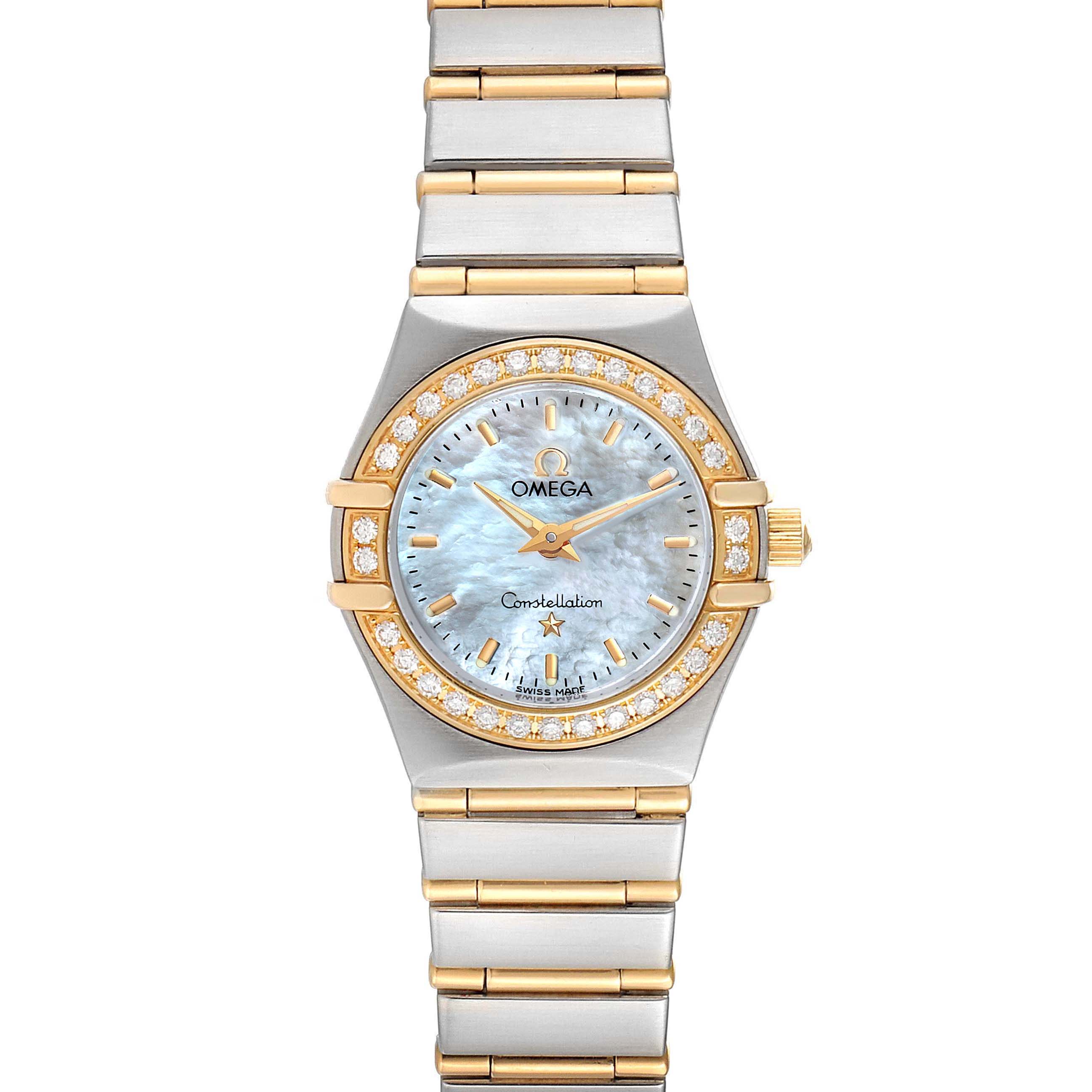The image shows a front view of the Omega 1267.70.00 Women's Steel and Gold (two tone) Mother of Pearl Dial 1267.70.00 Women's Steel and Gold (two tone) Mother of Pearl Dial Constellation Steel Yellow Gold MOP Diamond Watch 1267.70.00 featuring its dial and bracelet.