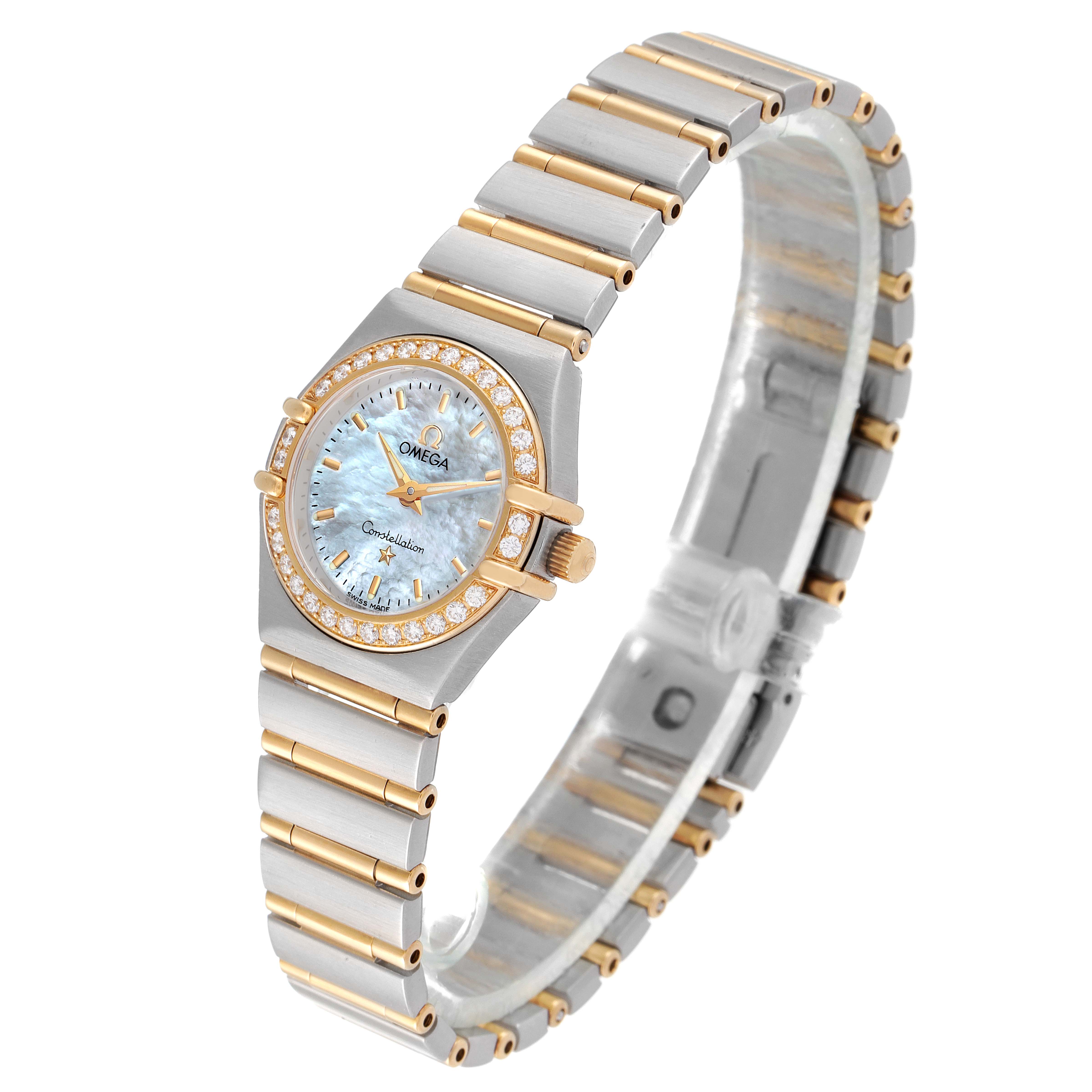 The Omega 1267.70.00 Women's Steel and Gold (two tone) Mother of Pearl Dial 1267.70.00 Women's Steel and Gold (two tone) Mother of Pearl Dial Constellation Steel Yellow Gold MOP Diamond Watch 1267.70.00 is shown at a slight angle, highlighting its bracelet, bezel, and dial.