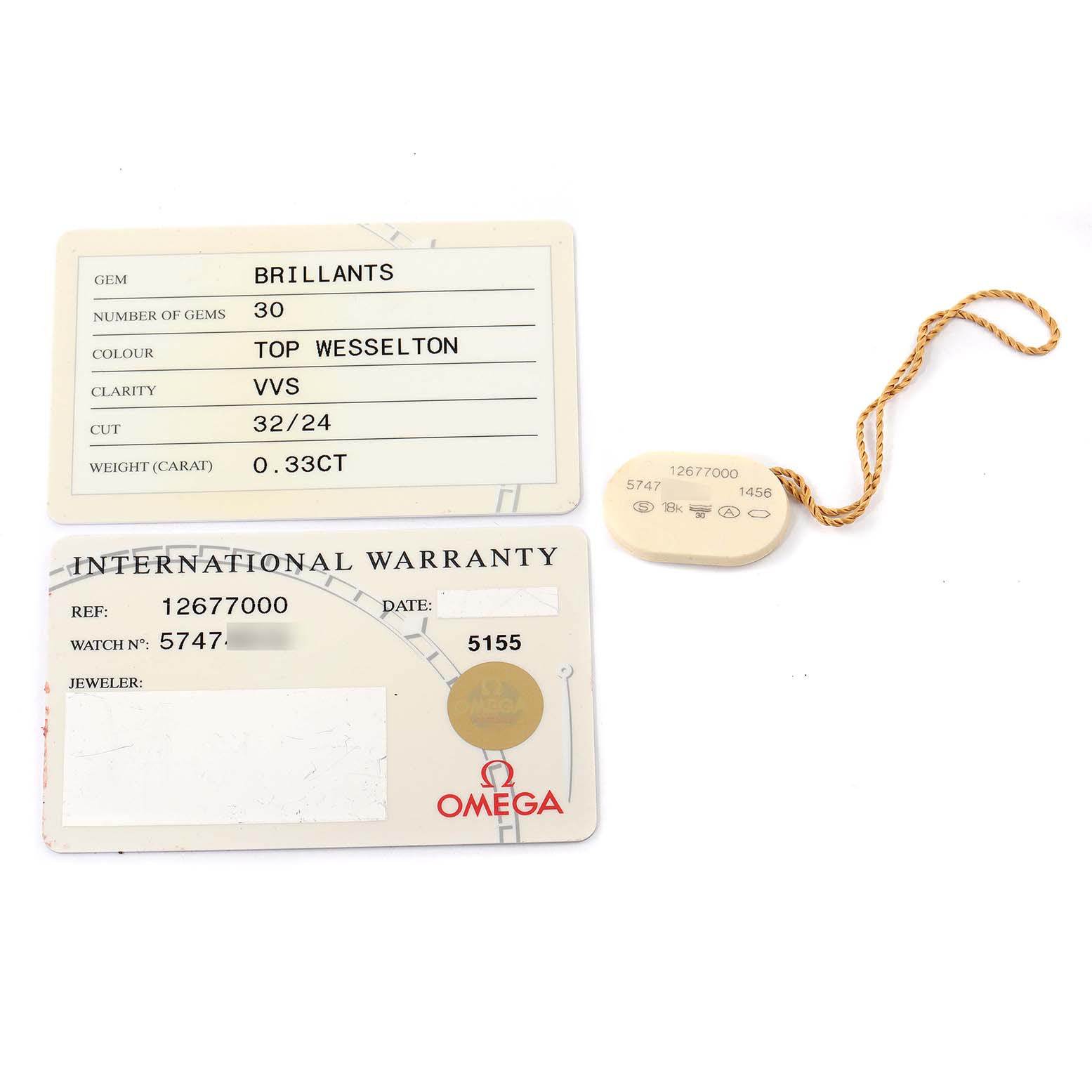 The image shows the warranty card, gem certificate, and tag for the Omega 1267.70.00 Women's Steel and Gold (two tone) Mother of Pearl Dial 1267.70.00 Women's Steel and Gold (two tone) Mother of Pearl Dial Constellation 1267.70.00 Steel Yellow Gold MOP Diamond Watch.