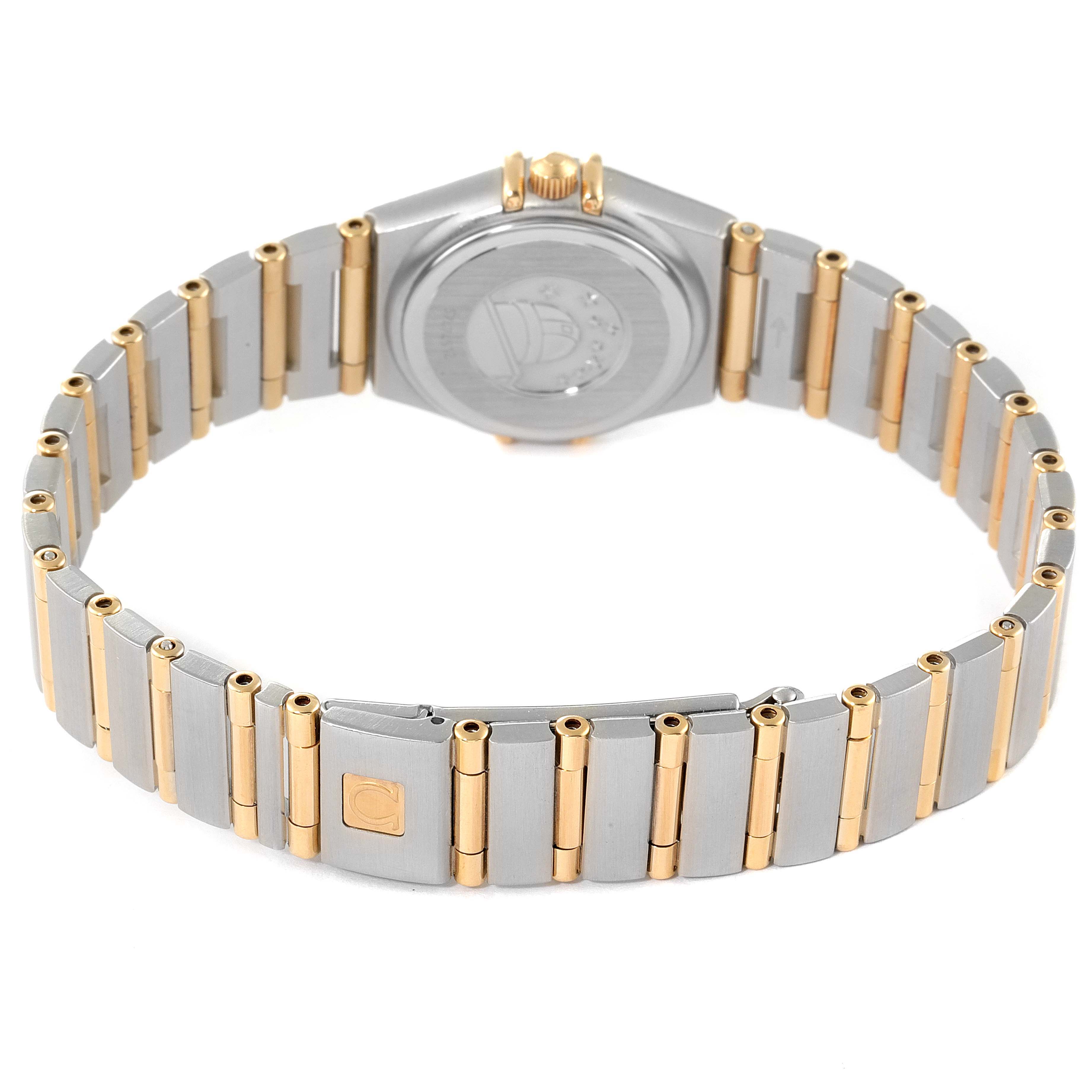 The image shows the back view and bracelet of the Omega 1267.70.00 Women's Steel and Gold (two tone) Mother of Pearl Dial 1267.70.00 Women's Steel and Gold (two tone) Mother of Pearl Dial Constellation Steel Yellow Gold MOP Diamond Watch 1267.70.00.