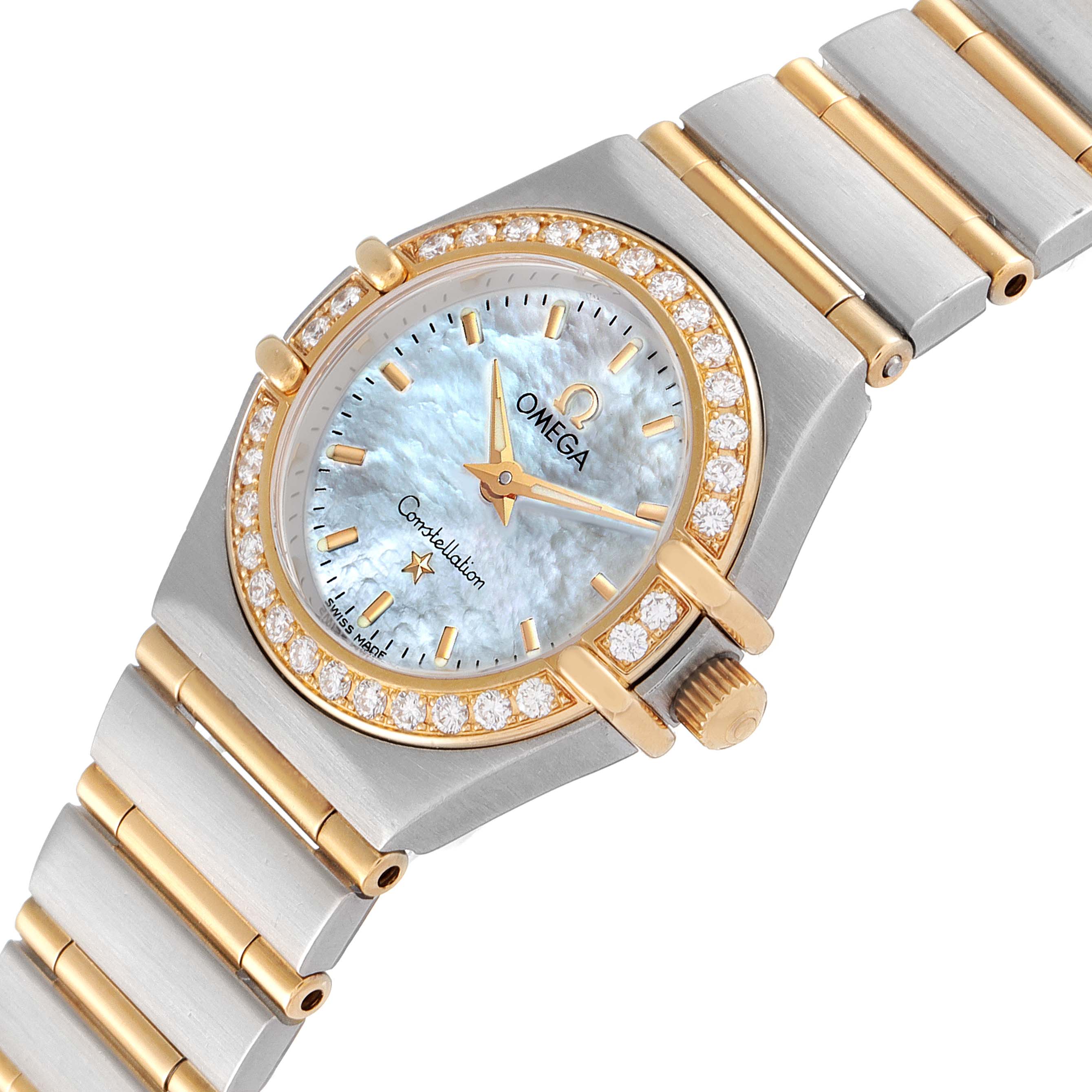The image shows a top-down angle of the Omega 1267.70.00 Women's Steel and Gold (two tone) Mother of Pearl Dial 1267.70.00 Women's Steel and Gold (two tone) Mother of Pearl Dial Constellation Steel Yellow Gold MOP Diamond Watch 1267.70.00, highlighting the face, bezel, and part of the bracelet.