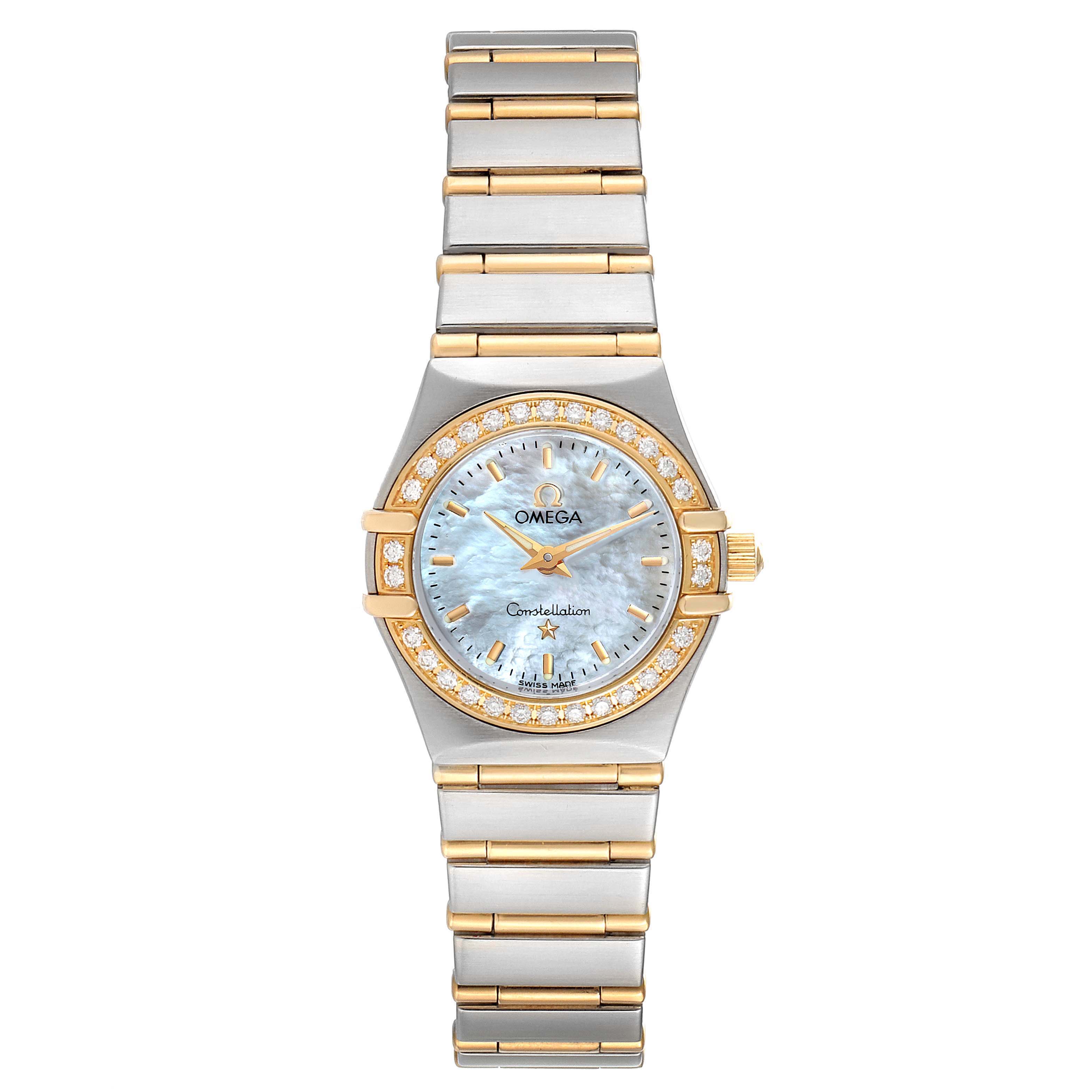 The image shows a frontal view of an Omega 1267.70.00 Women's Steel and Gold (two tone) Mother of Pearl Dial 1267.70.00 Women's Steel and Gold (two tone) Mother of Pearl Dial Constellation Steel Yellow Gold MOP Diamond Watch 1267.70.00, displaying its face and bracelet.