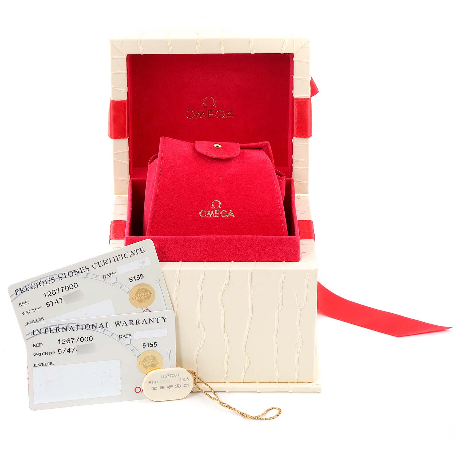 The image shows the box, pouch, and certification cards for the Omega 1267.70.00 Women's Steel and Gold (two tone) Mother of Pearl Dial 1267.70.00 Women's Steel and Gold (two tone) Mother of Pearl Dial Constellation Steel Yellow Gold MOP Diamond Watch 1267.70.00.