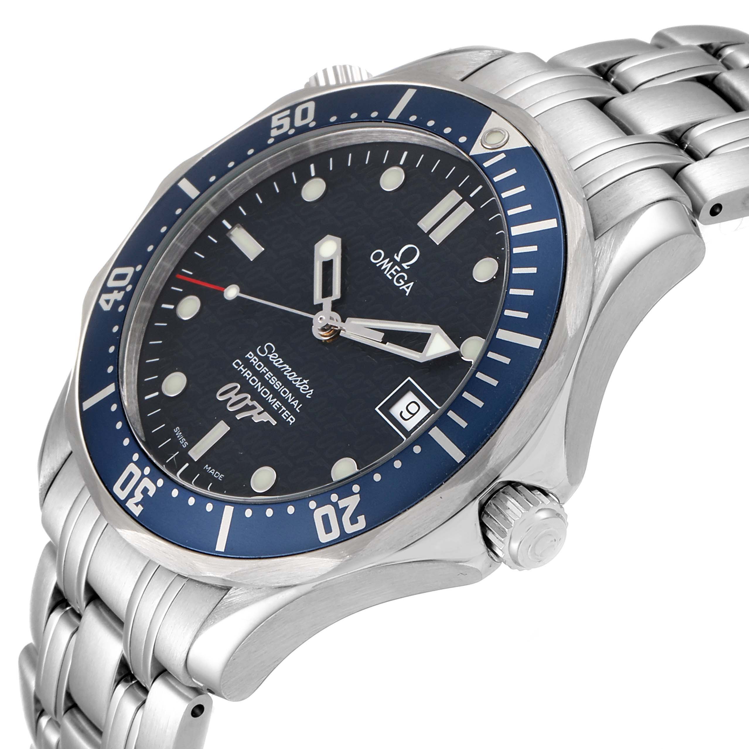 The Omega Seamaster 2537.80.00 Men
s Stainless Steel Blue Dial 2537.80.00 Men
s Stainless Steel Blue Dial watch is shown at an angle highlighting its face, bezel, crown, and metal bracelet.