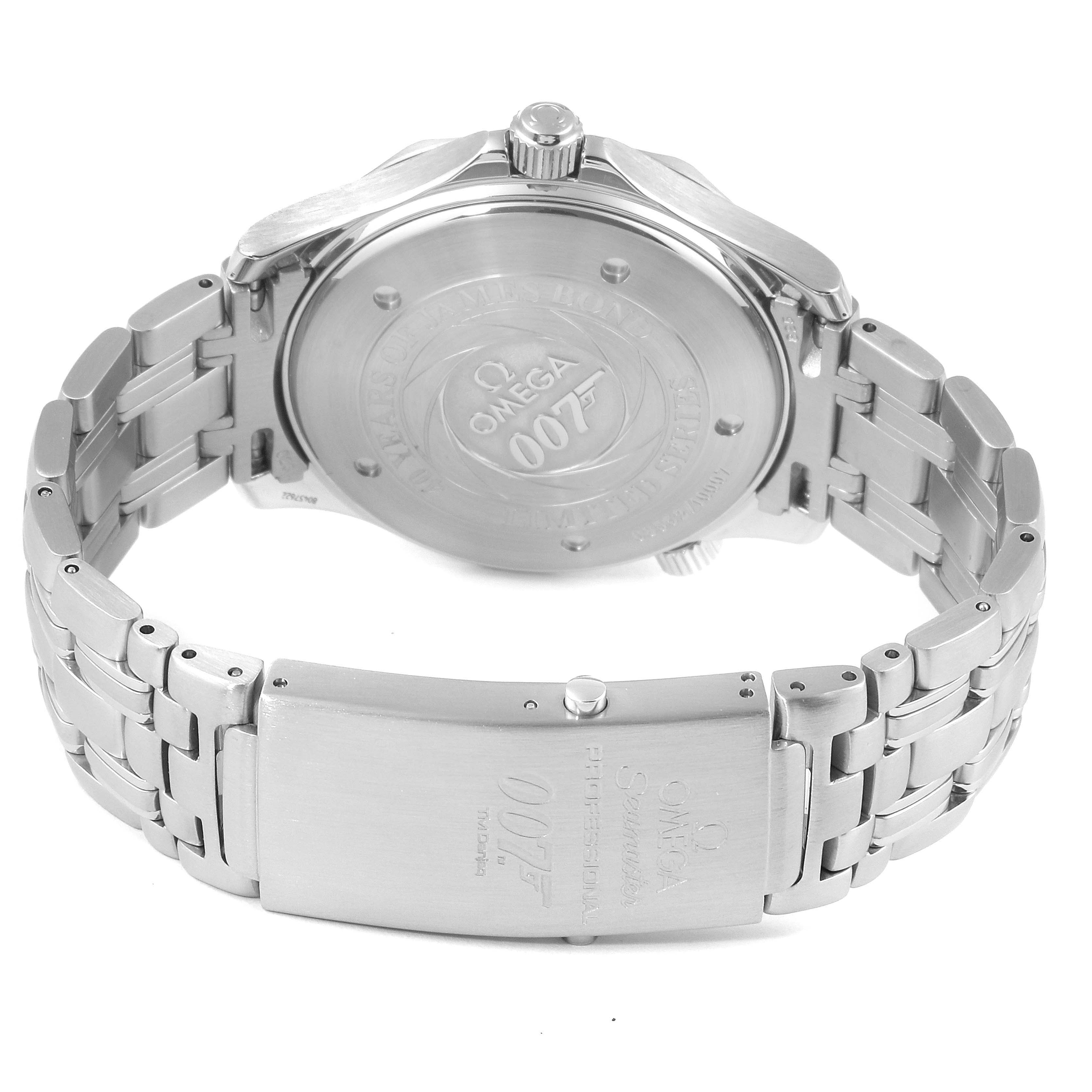 The image shows the back and clasp of an Omega Seamaster 2537.80.00 Men
s Stainless Steel Blue Dial 2537.80.00 Men
s Stainless Steel Blue Dial watch, highlighting the engraved case back and metal bracelet.