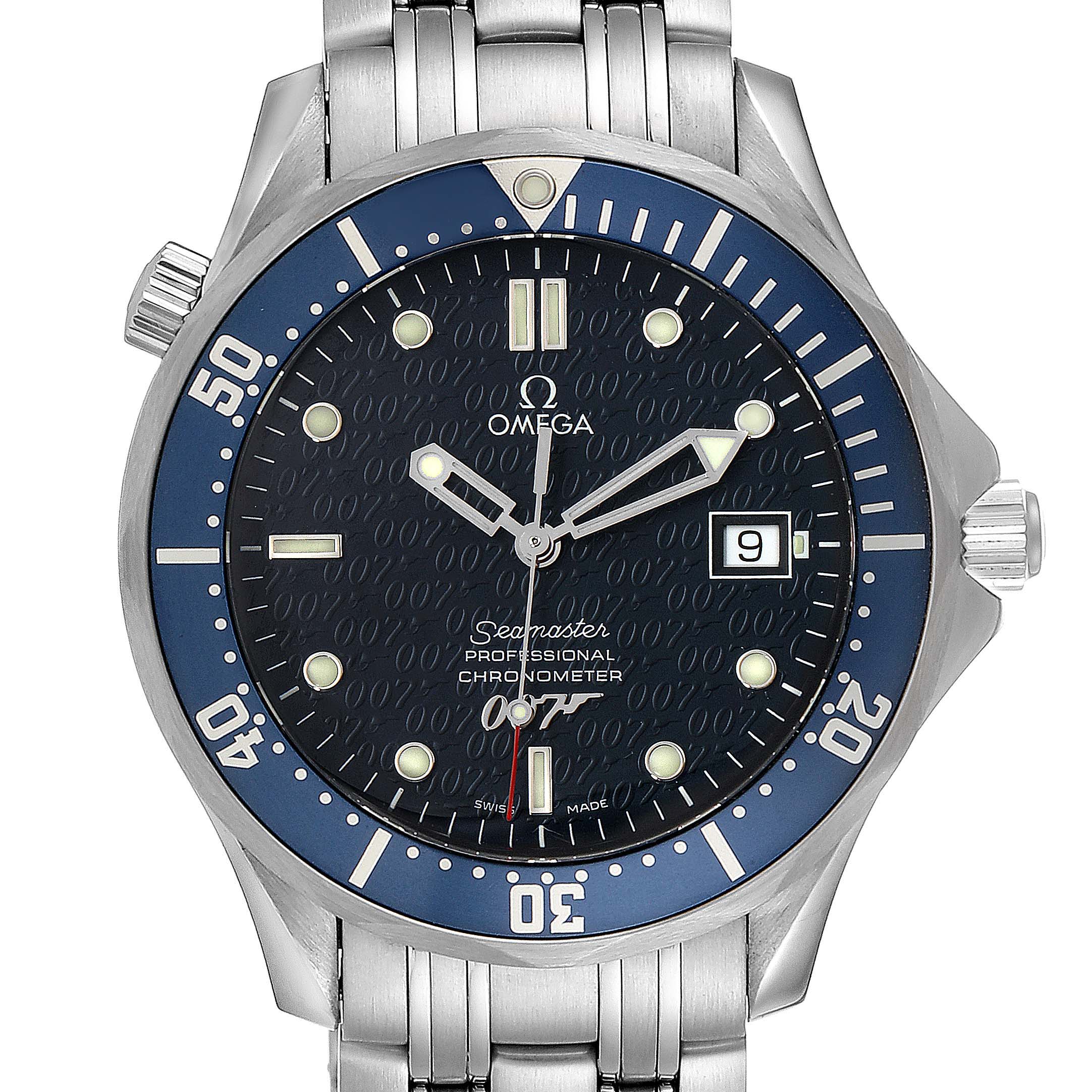The Omega Seamaster 2537.80.00 Men
s Stainless Steel Blue Dial 2537.80.00 Men
s Stainless Steel Blue Dial watch is shown from a front angle, displaying the dial, bezel, hands, and bracelet.
