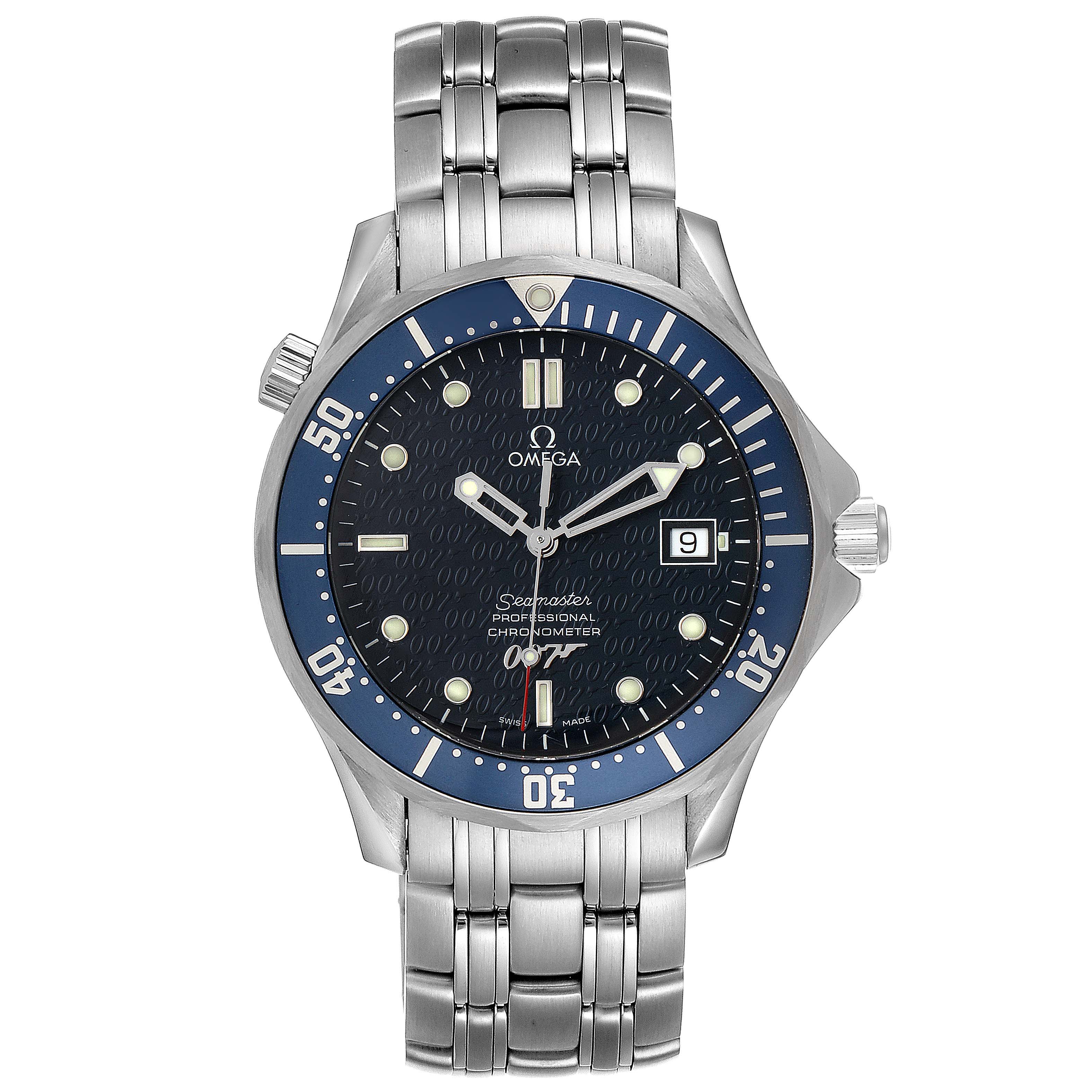The image shows a frontal view of the Omega Seamaster 2537.80.00 Men
s Stainless Steel Blue Dial 2537.80.00 Men
s Stainless Steel Blue Dial watch, highlighting its face, bezel, and stainless steel bracelet.