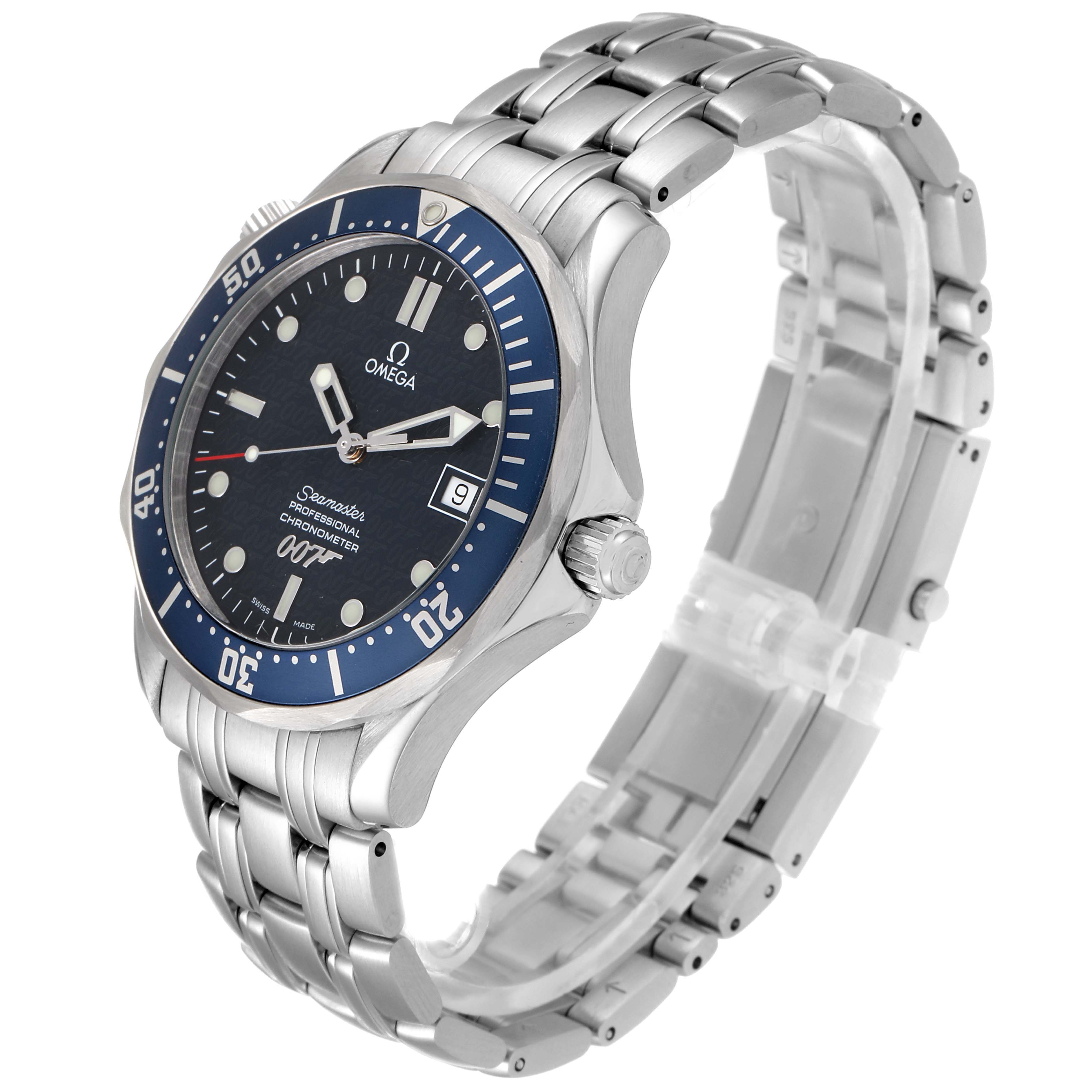 This image shows the Omega Seamaster 2537.80.00 Men
s Stainless Steel Blue Dial 2537.80.00 Men
s Stainless Steel Blue Dial watch at a three-quarter angle, highlighting its dial, bezel, crown, and bracelet.