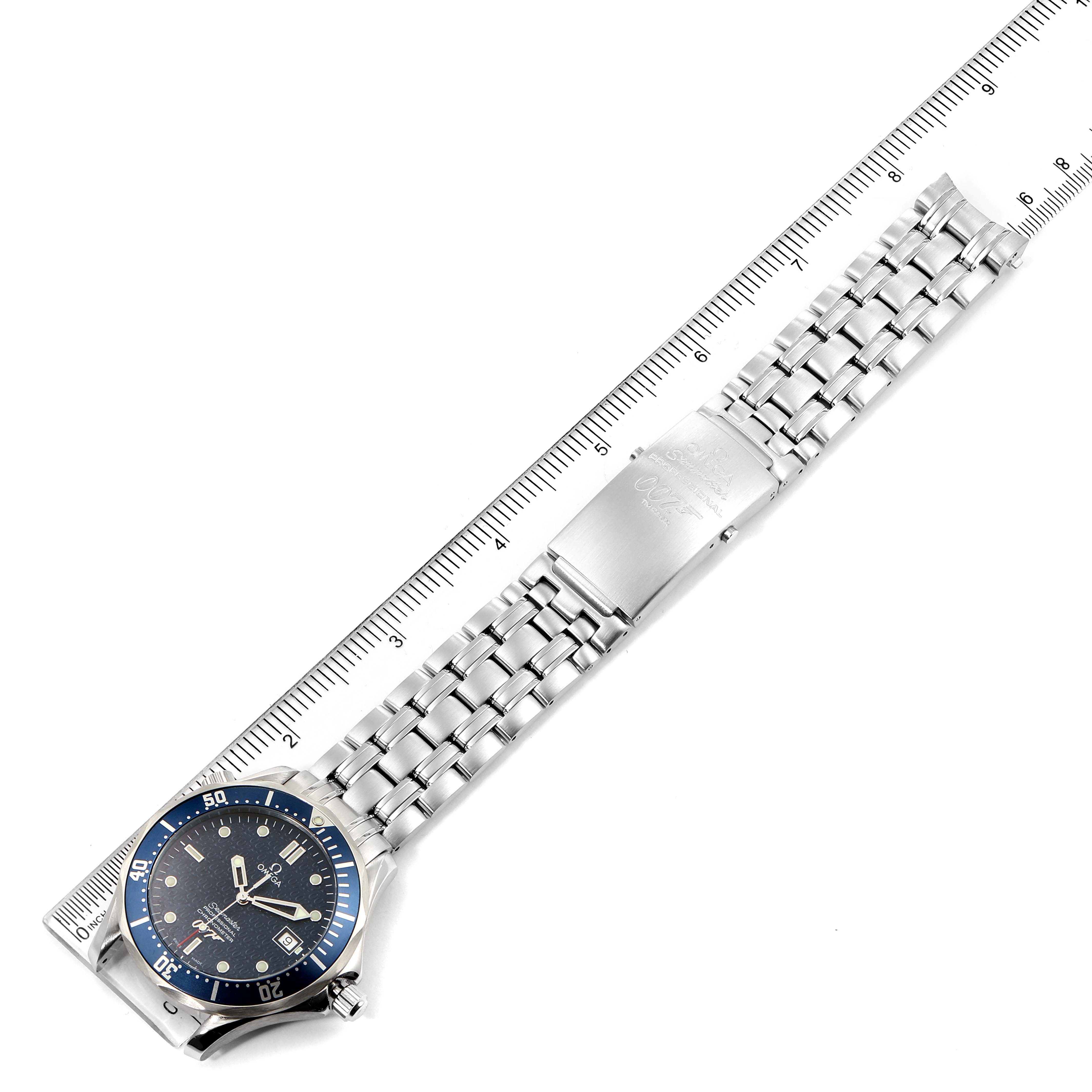 The image shows an Omega Seamaster 2537.80.00 Men
s Stainless Steel Blue Dial 2537.80.00 Men
s Stainless Steel Blue Dial watch laid flat, displaying the bezel, dial, bracelet, and clasp measured against a ruler.