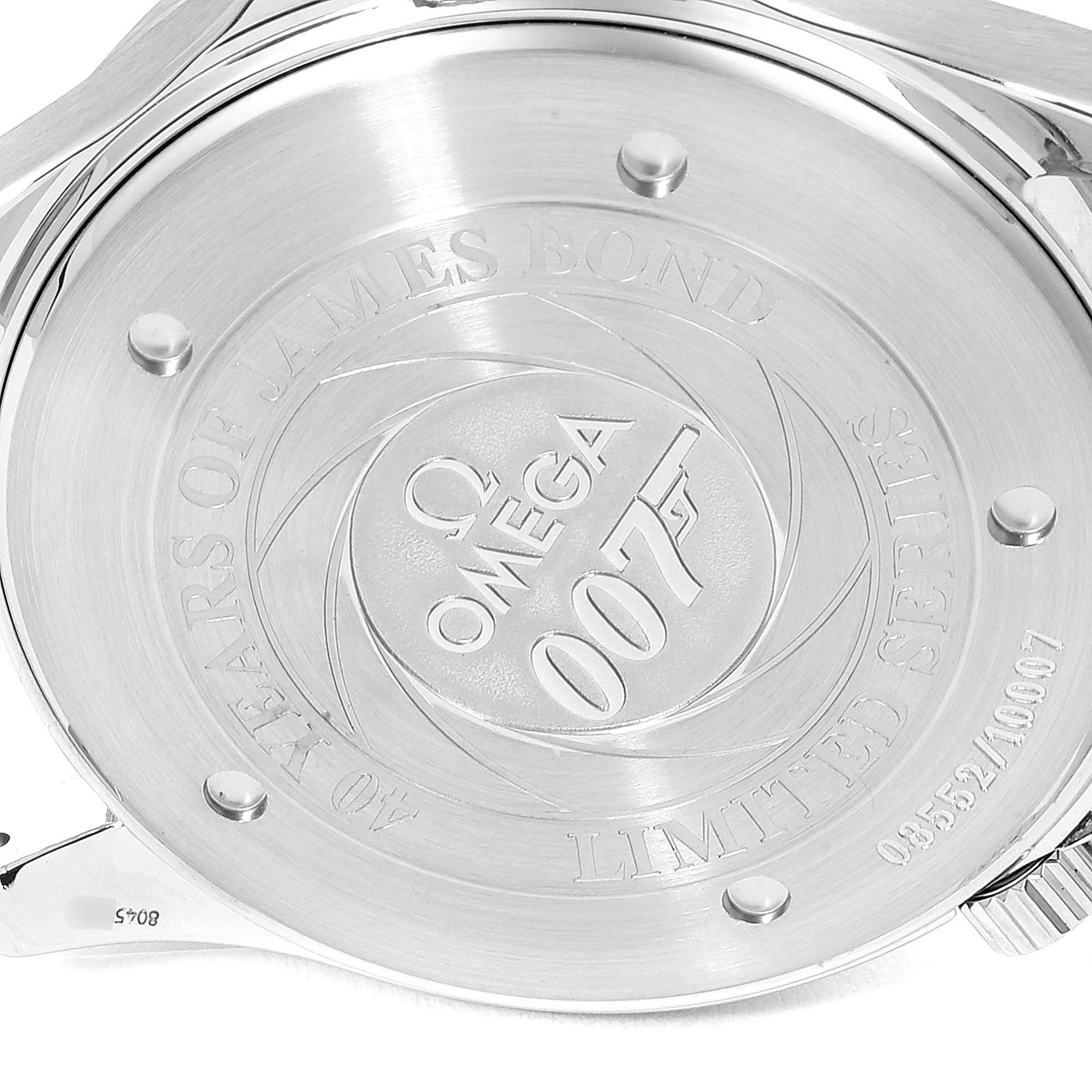 The image shows the back case of an Omega Seamaster 2537.80.00 Men
s Stainless Steel Blue Dial 2537.80.00 Men
s Stainless Steel Blue Dial watch, featuring a James Bond 007 engraving.