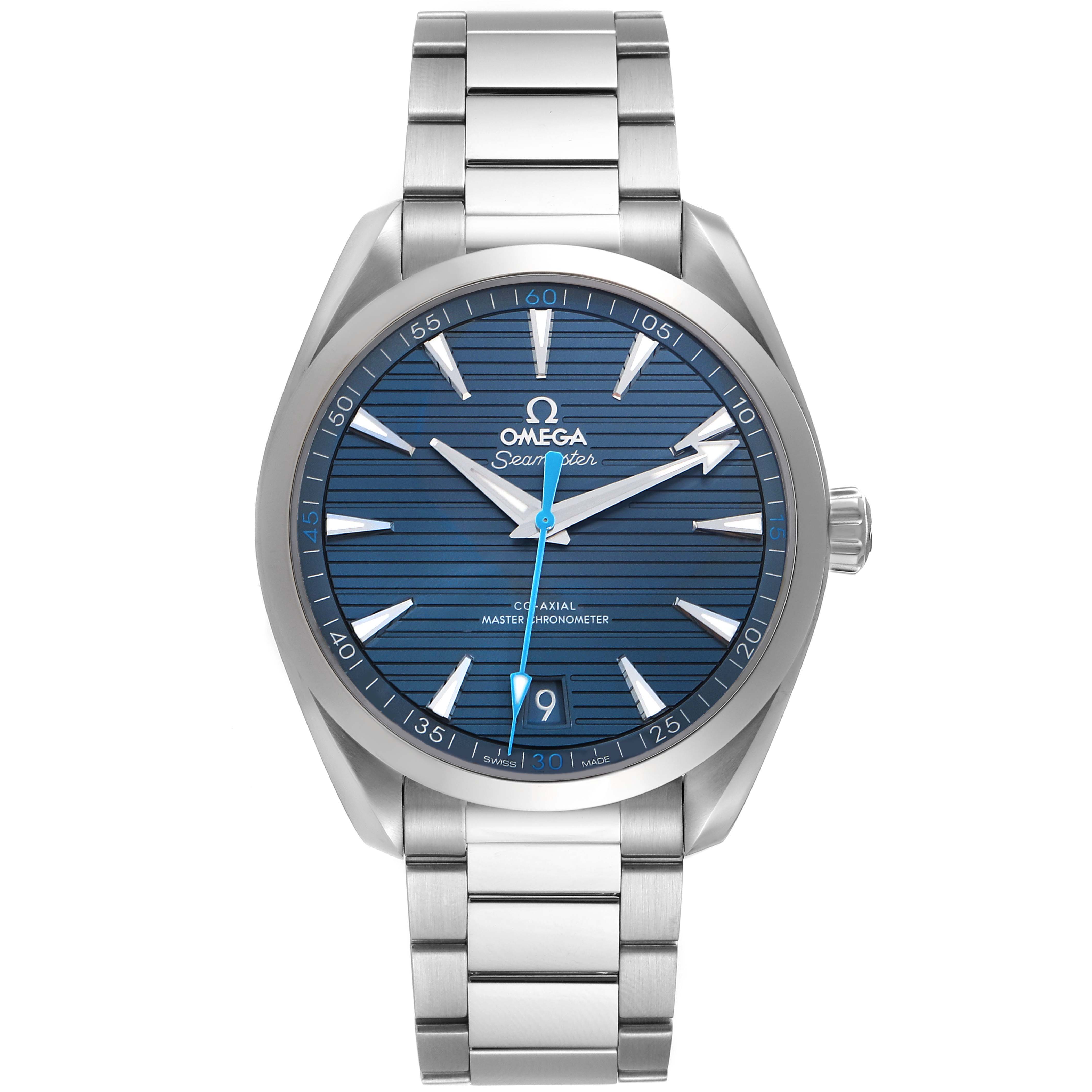 The Omega Aqua Terra 220.10.41.21.03.002 Men's Stainless Steel Blue Dial watch is shown from the front, highlighting the blue dial, hands, indices, and stainless steel bracelet.