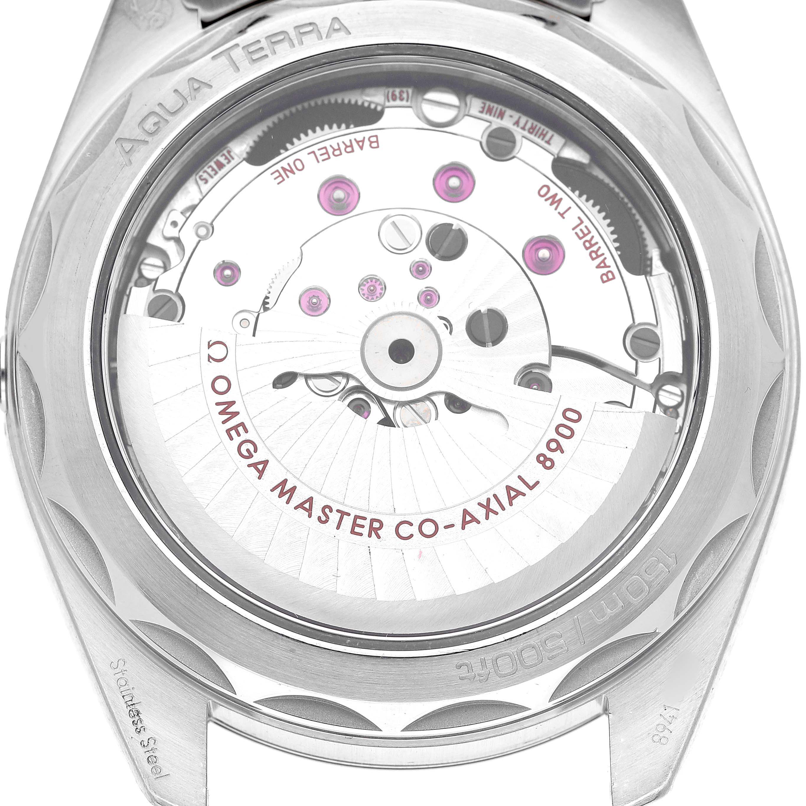 The image shows the back of the Omega Aqua Terra 220.10.41.21.03.002 Men's Stainless Steel Blue Dial, displaying its Co-Axial 8900 movement through a transparent case back.