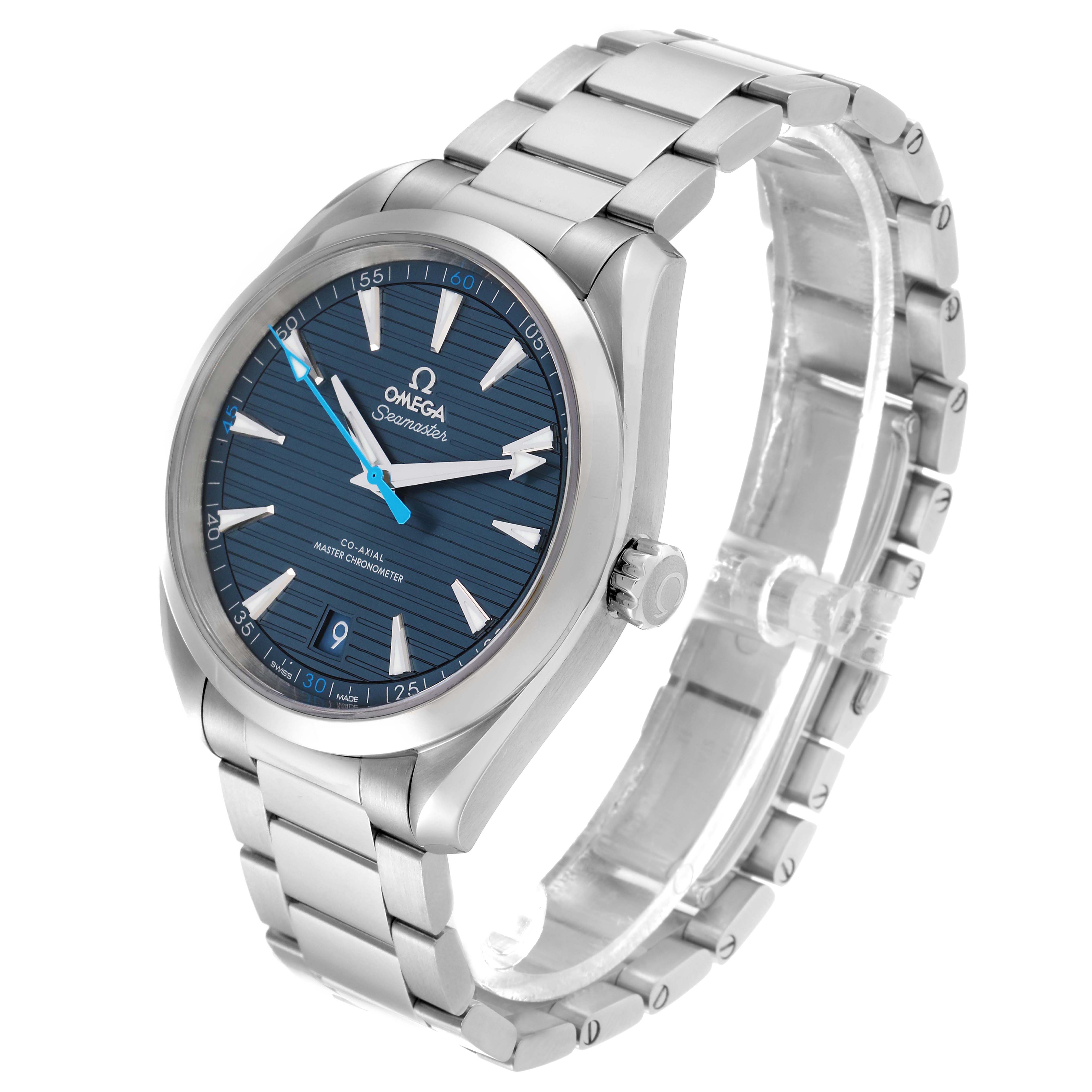 The Omega Aqua Terra 220.10.41.21.03.002 Men's Stainless Steel Blue Dial watch is shown at a three-quarter angle, displaying the dial, bracelet, and crown.