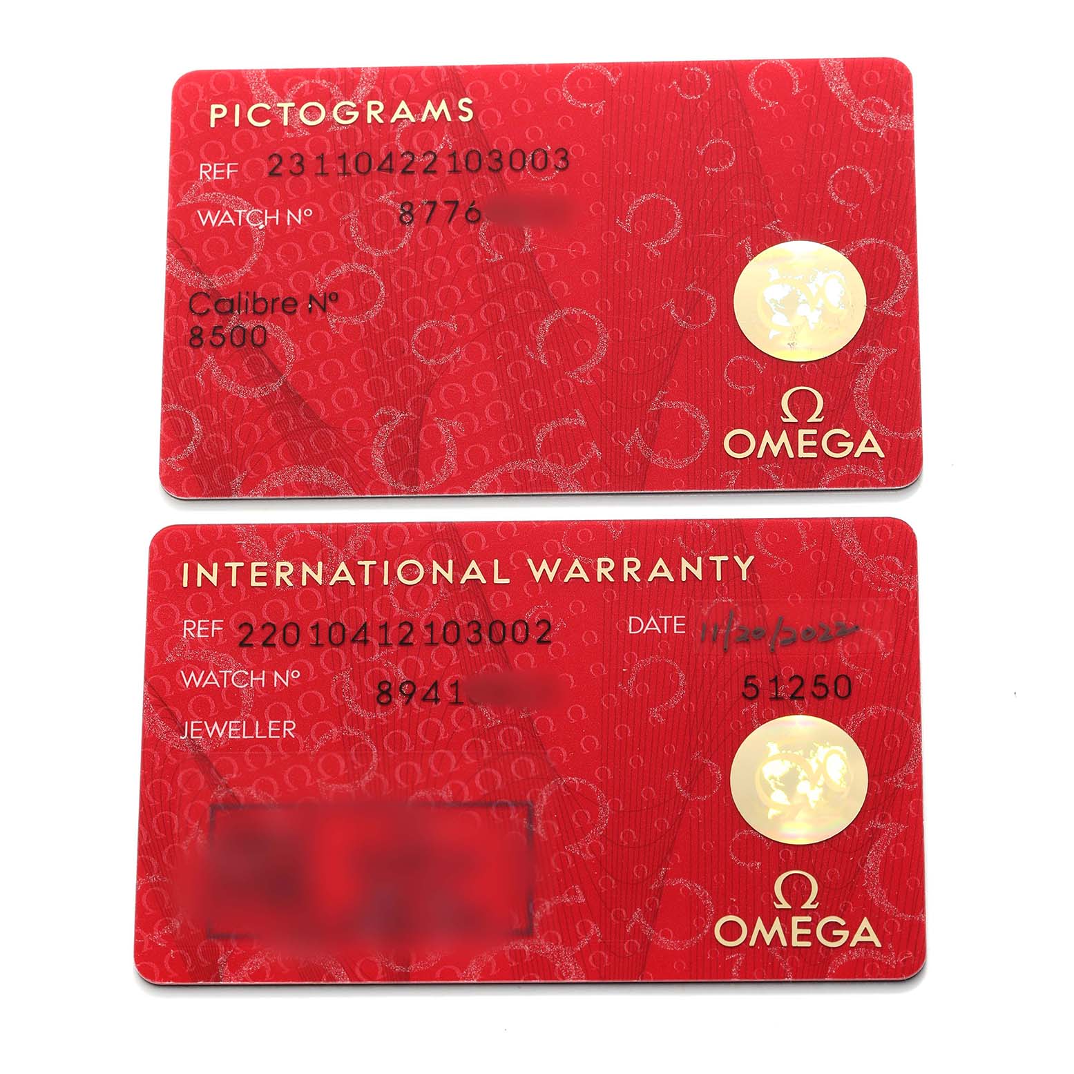 The image shows two Omega Aqua Terra 220.10.41.21.03.002 Men's Stainless Steel Blue Dial watch cards: a pictogram card and an international warranty card.