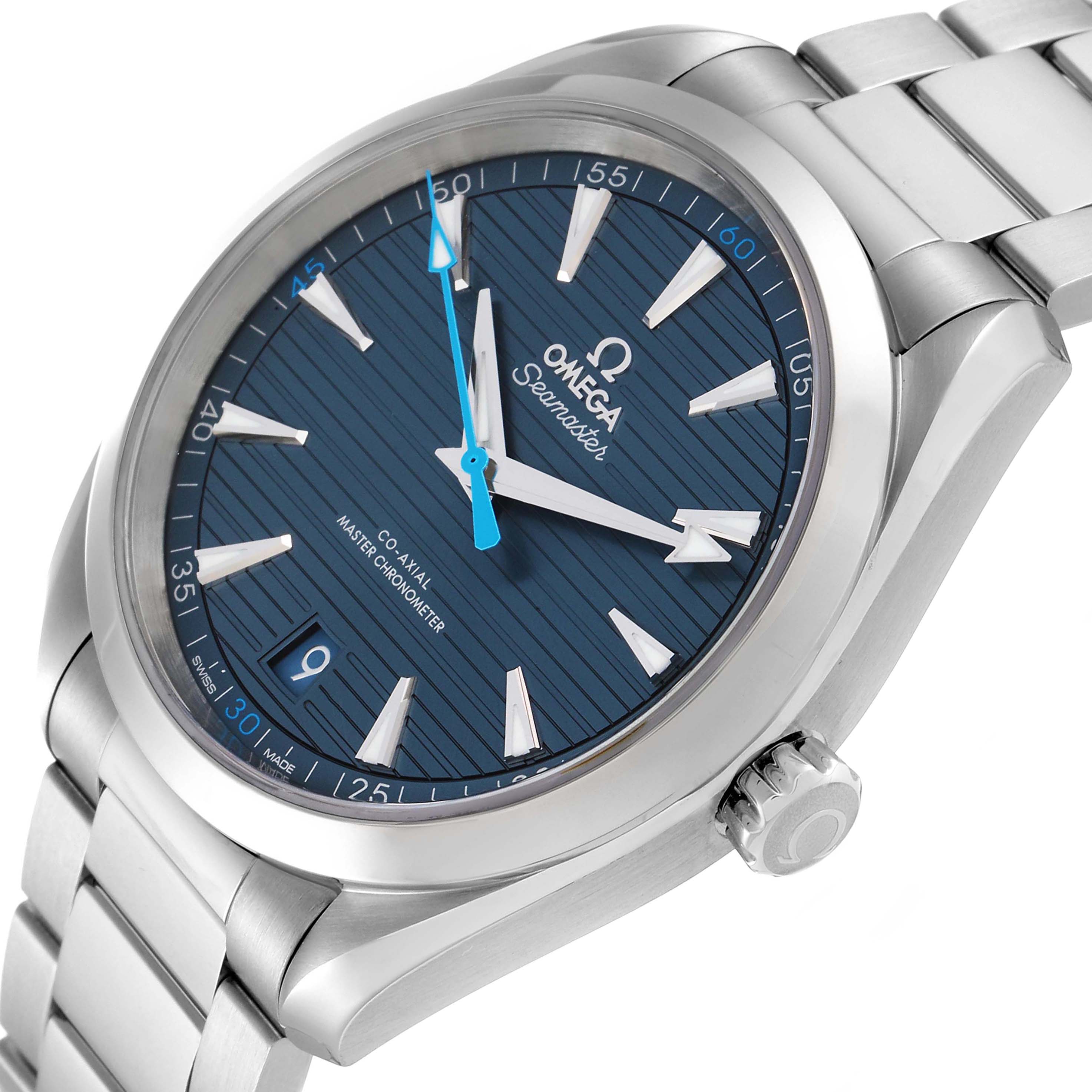 The Omega Aqua Terra 220.10.41.21.03.002 Men's Stainless Steel Blue Dial watch is shown at an angle displaying the dial, bezel, crown, and bracelet.