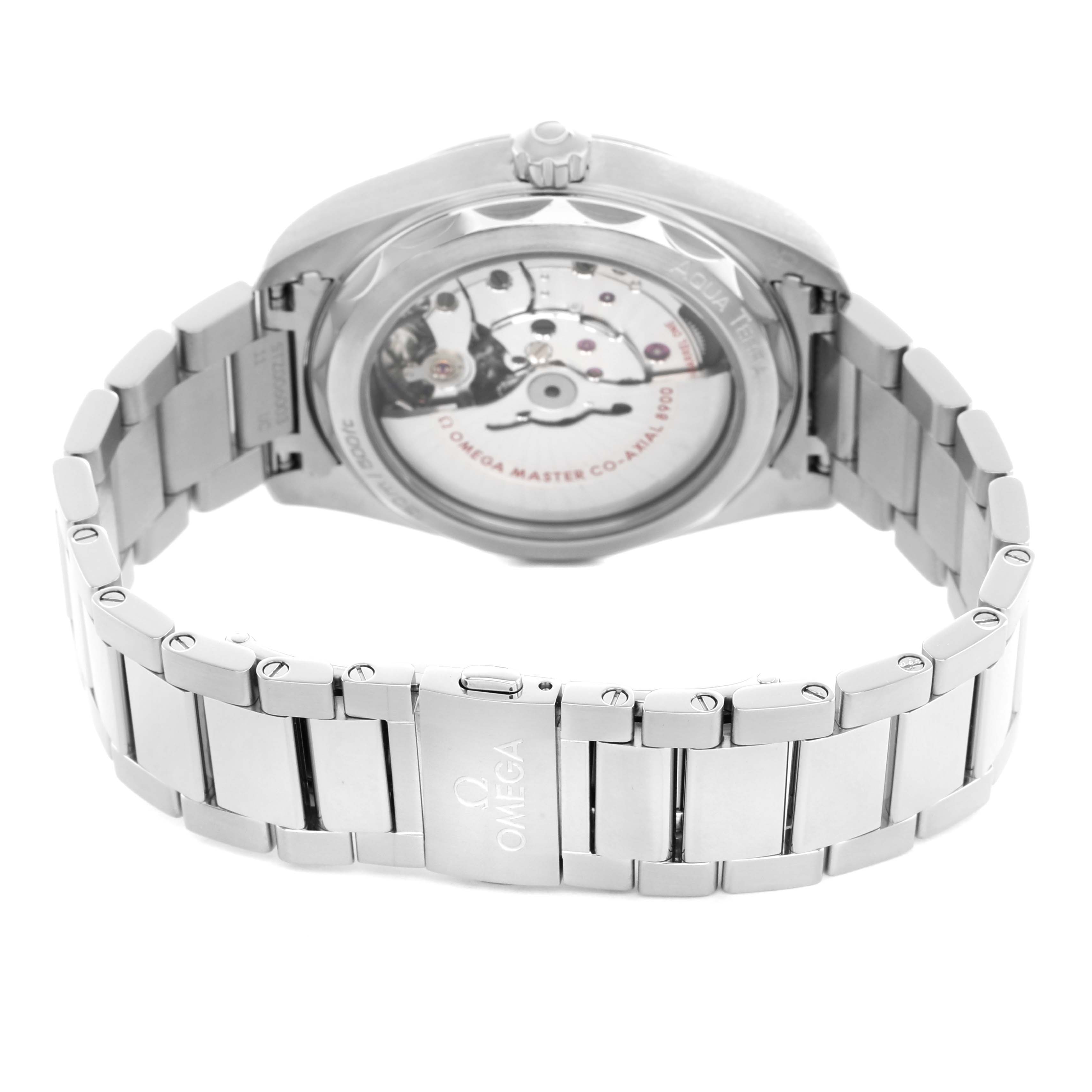 The Omega Aqua Terra 220.10.41.21.03.002 Men's Stainless Steel Blue Dial watch is shown from the back, highlighting its movement and stainless steel bracelet.