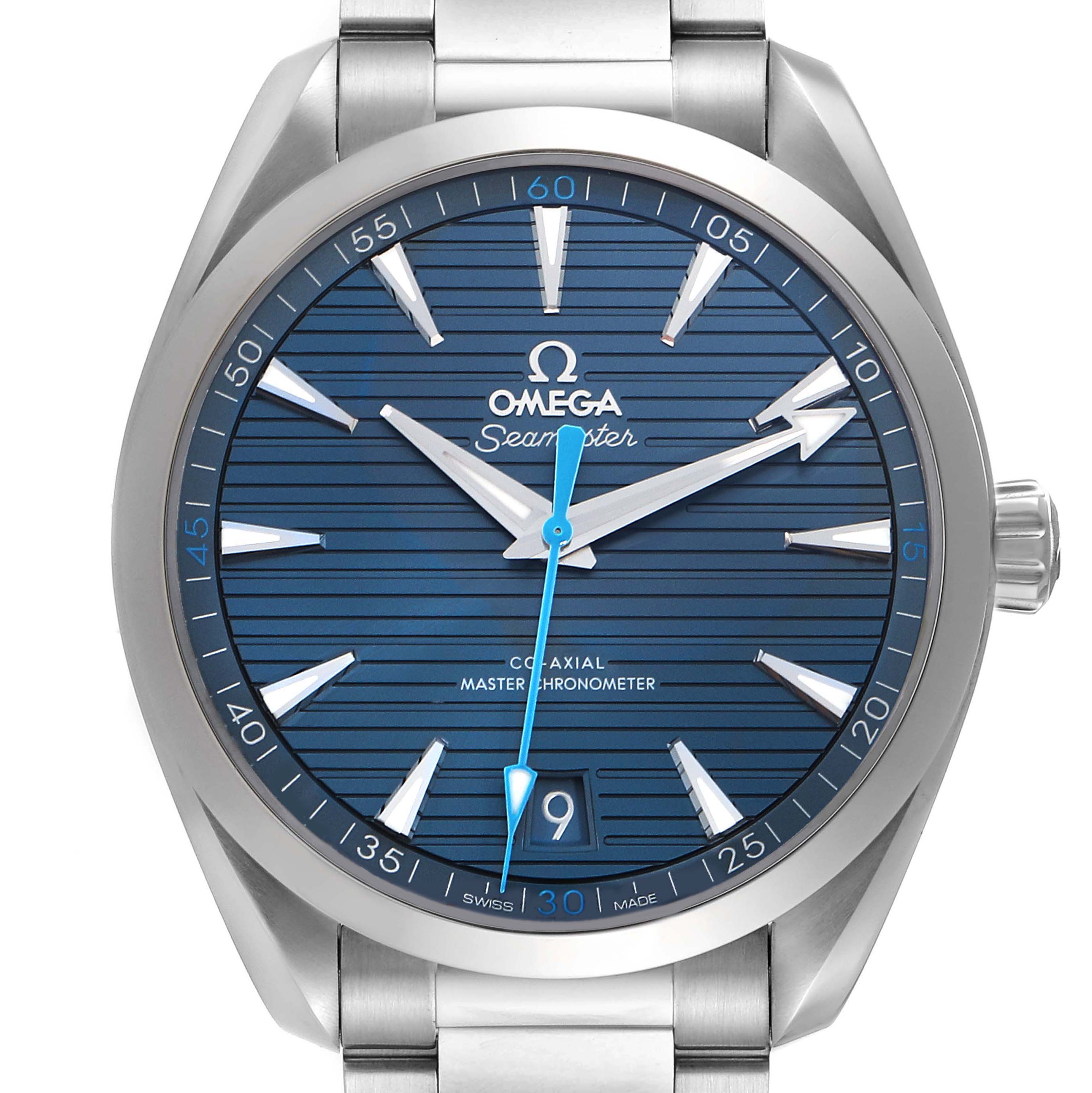 The Omega Aqua Terra 220.10.41.21.03.002 Men's Stainless Steel Blue Dial watch is shown from a front angle, displaying the full dial, hands, and part of the bracelet.