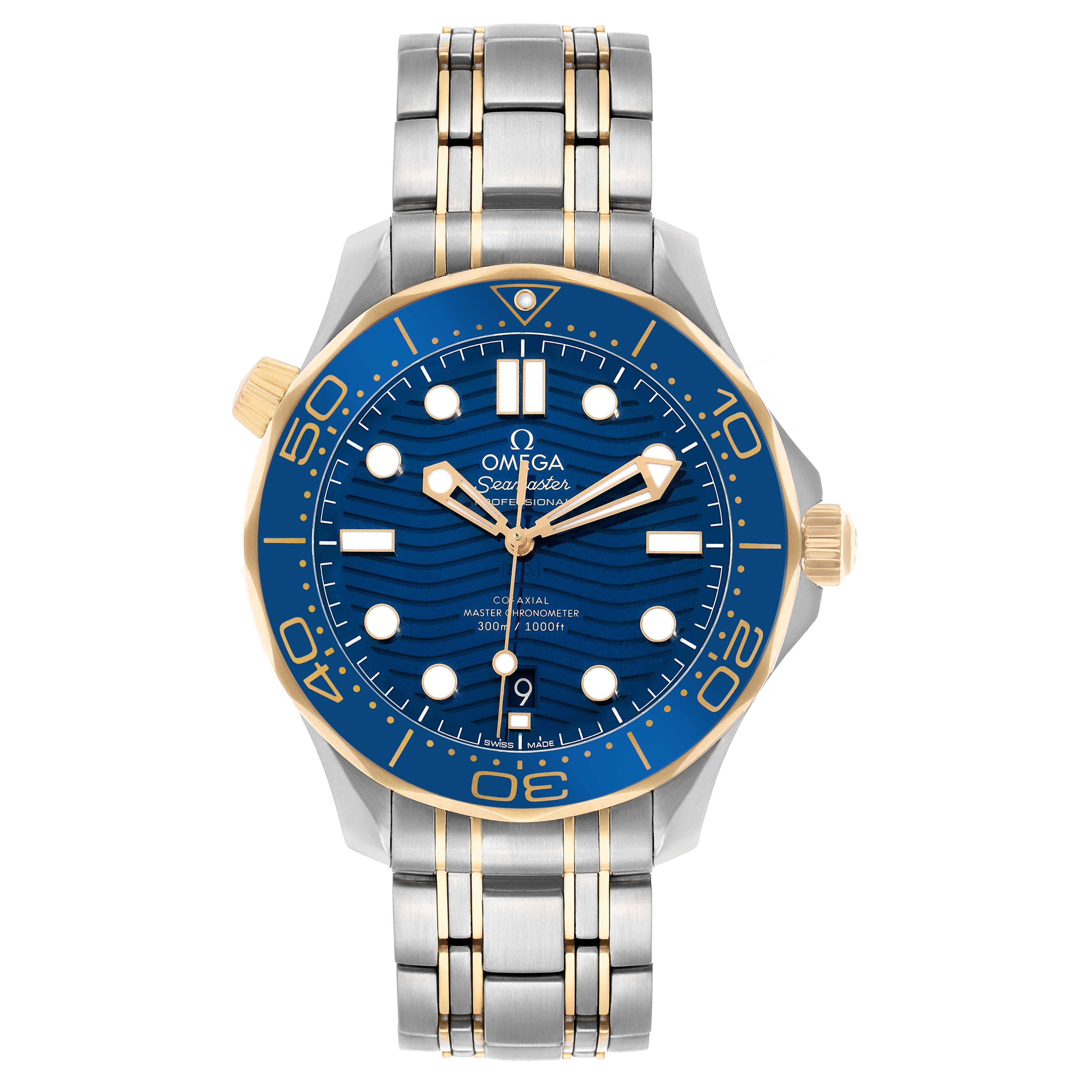 The Omega Seamaster 210.20.42.20.03.001 Men's Steel and Gold (two tone) Blue Dial watch is shown from the front, highlighting its blue dial, gold-accented bezel, and two-tone bracelet.