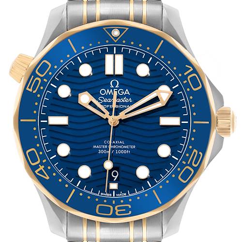 The image shows a frontal view of an Omega Seamaster 210.20.42.20.03.001 Men's Steel and Gold (two tone) Blue Dial watch, highlighting the blue dial, gold bezel, and bracelet.
