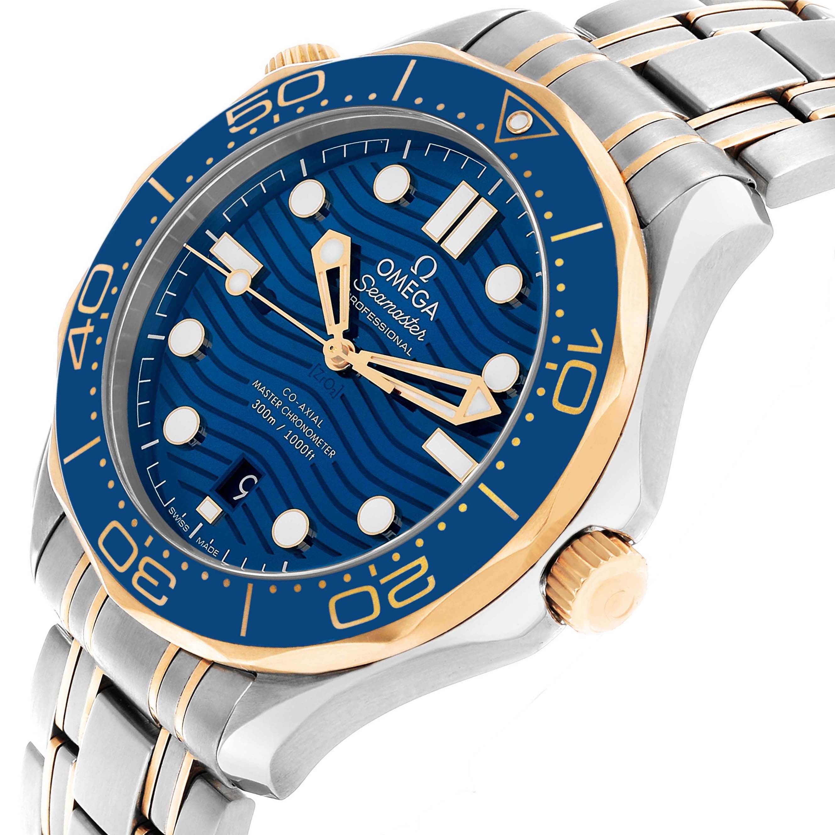 The image shows an angled view of the Omega Seamaster 210.20.42.20.03.001 Men's Steel and Gold (two tone) Blue Dial, highlighting the face, bezel, and part of the bracelet.
