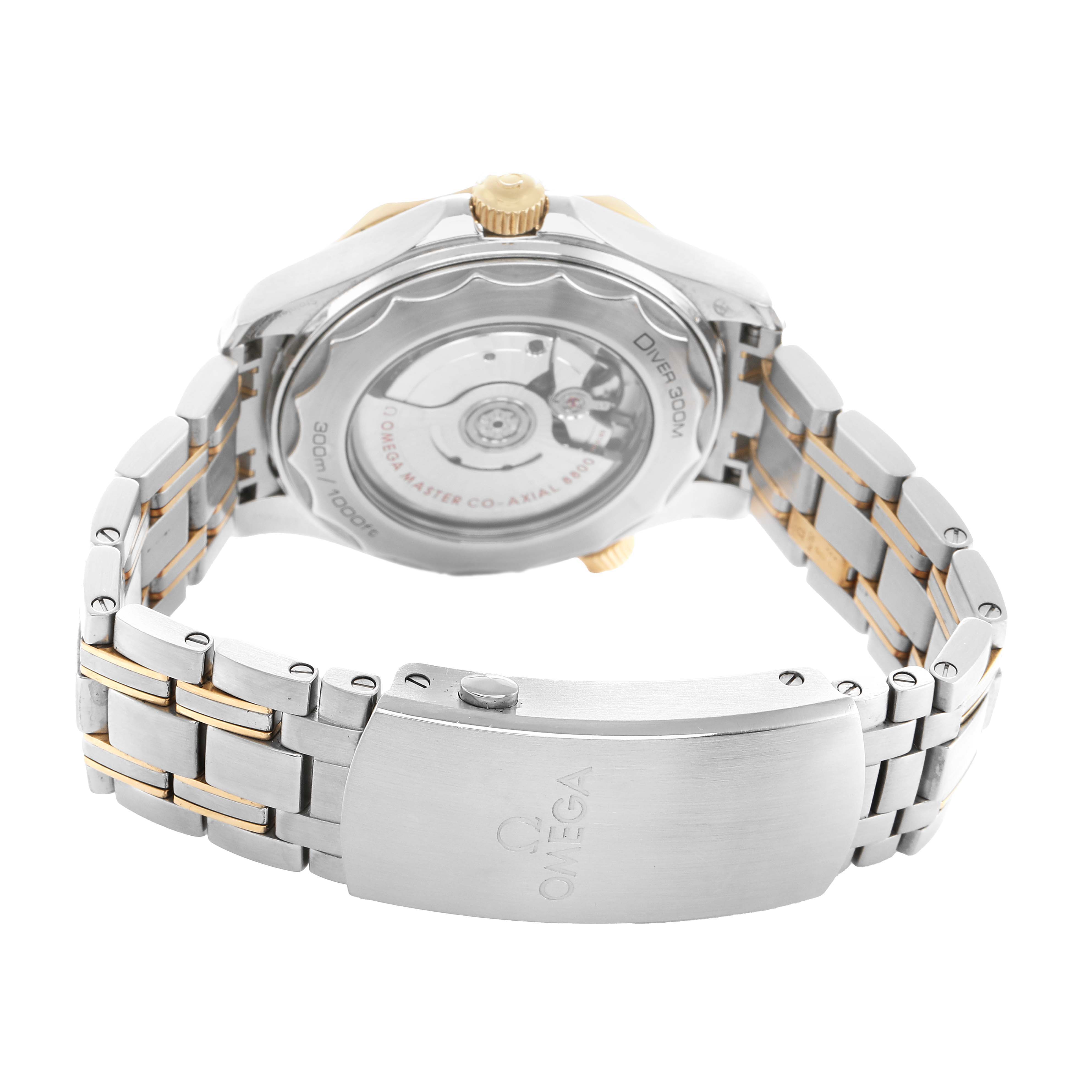 The Omega Seamaster 210.20.42.20.03.001 Men's Steel and Gold (two tone) Blue Dial watch is shown from the back, highlighting the clasp, bracelet, and transparent case back.