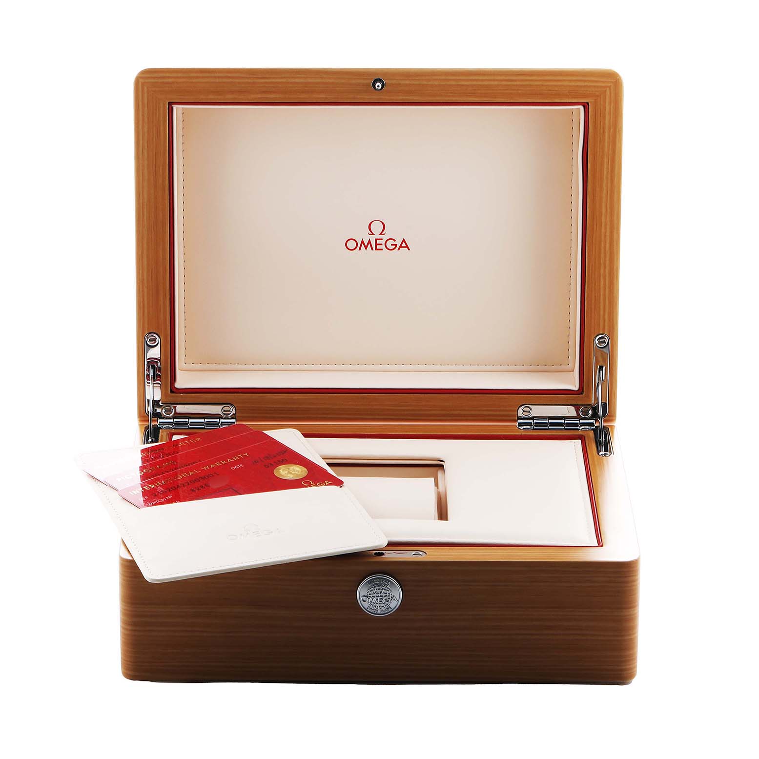 The image shows an Omega Seamaster 210.20.42.20.03.001 Men's Steel and Gold (two tone) Blue Dial watch box from the front, with its interior, warranty cards, and branded cover visible.