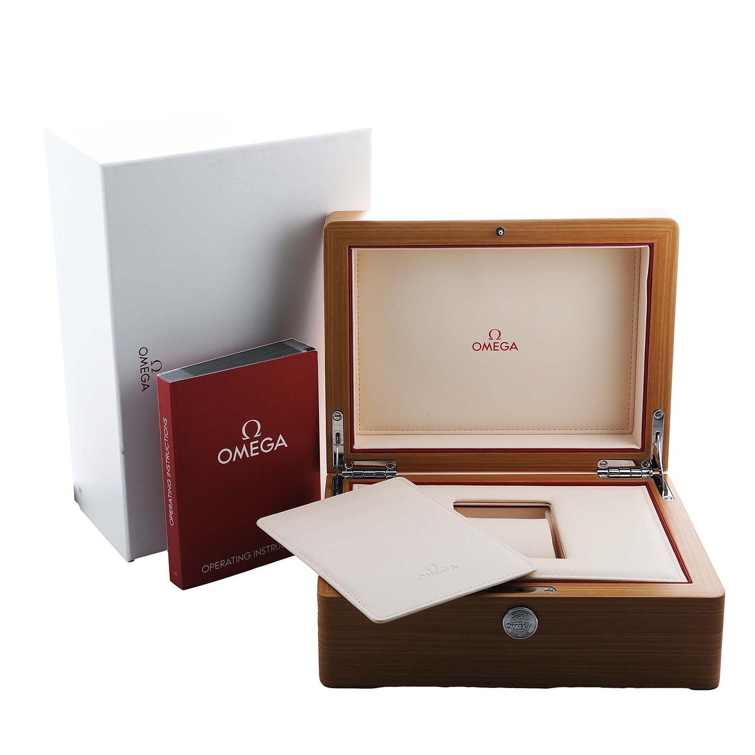 The image shows the Omega Seamaster 210.20.42.20.03.001 Men's Steel and Gold (two tone) Blue Dial watch accessories, including an open wooden box, operating instructions, and a card holder.