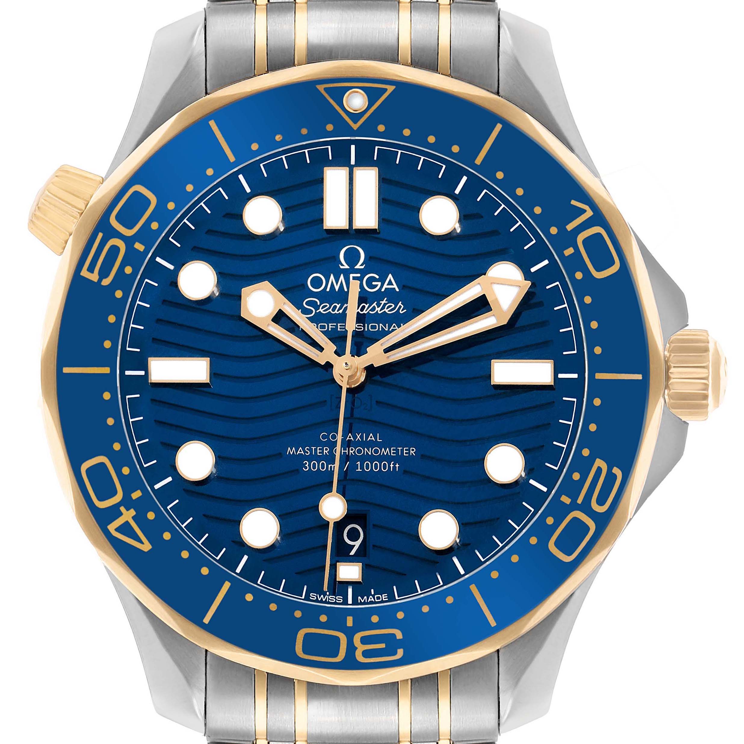 The Omega Seamaster 210.20.42.20.03.001 Men's Steel and Gold (two tone) Blue Dial is shown from the front, highlighting the blue dial, gold bezel, and two-tone bracelet.