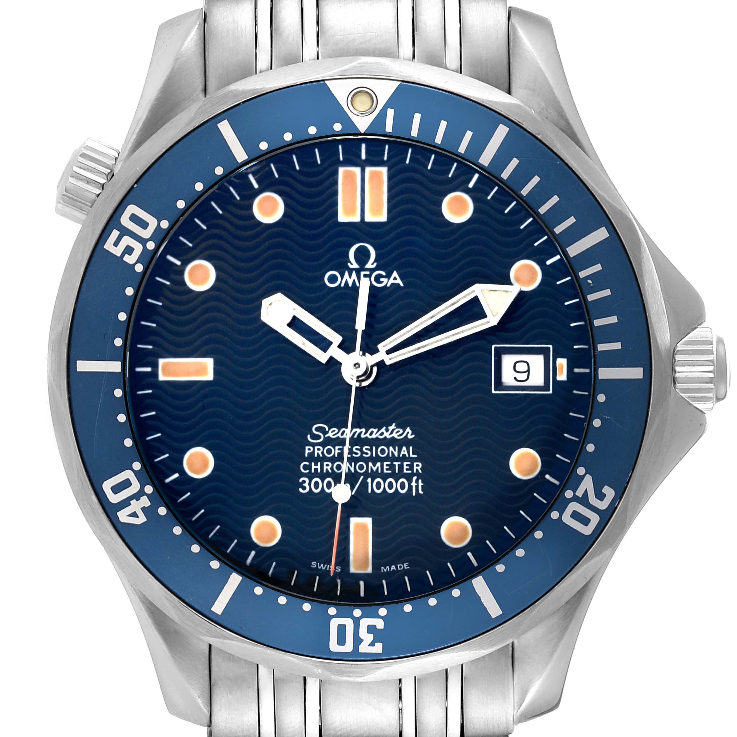 The image shows a front view of an Omega Seamaster 2531.80.00 Men
s Stainless Steel Blue Dial 2531.80.00 Men
s Stainless Steel Blue Dial watch, displaying the dial, bezel, and part of the bracelet.