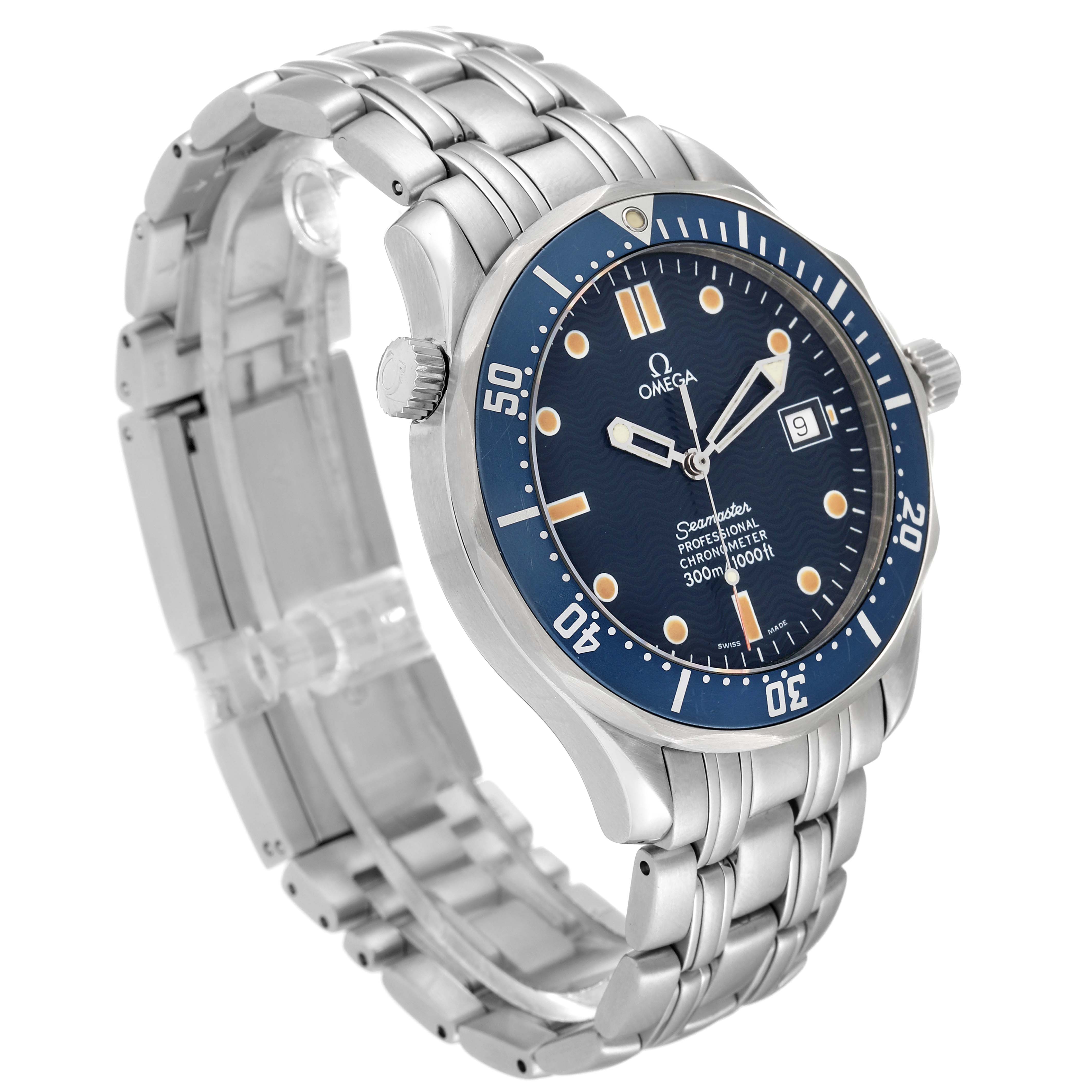 The Omega Seamaster 2531.80.00 Men
s Stainless Steel Blue Dial 2531.80.00 Men
s Stainless Steel Blue Dial watch is shown at an angle displaying its blue dial, bezel, stainless steel bracelet, and clasp.