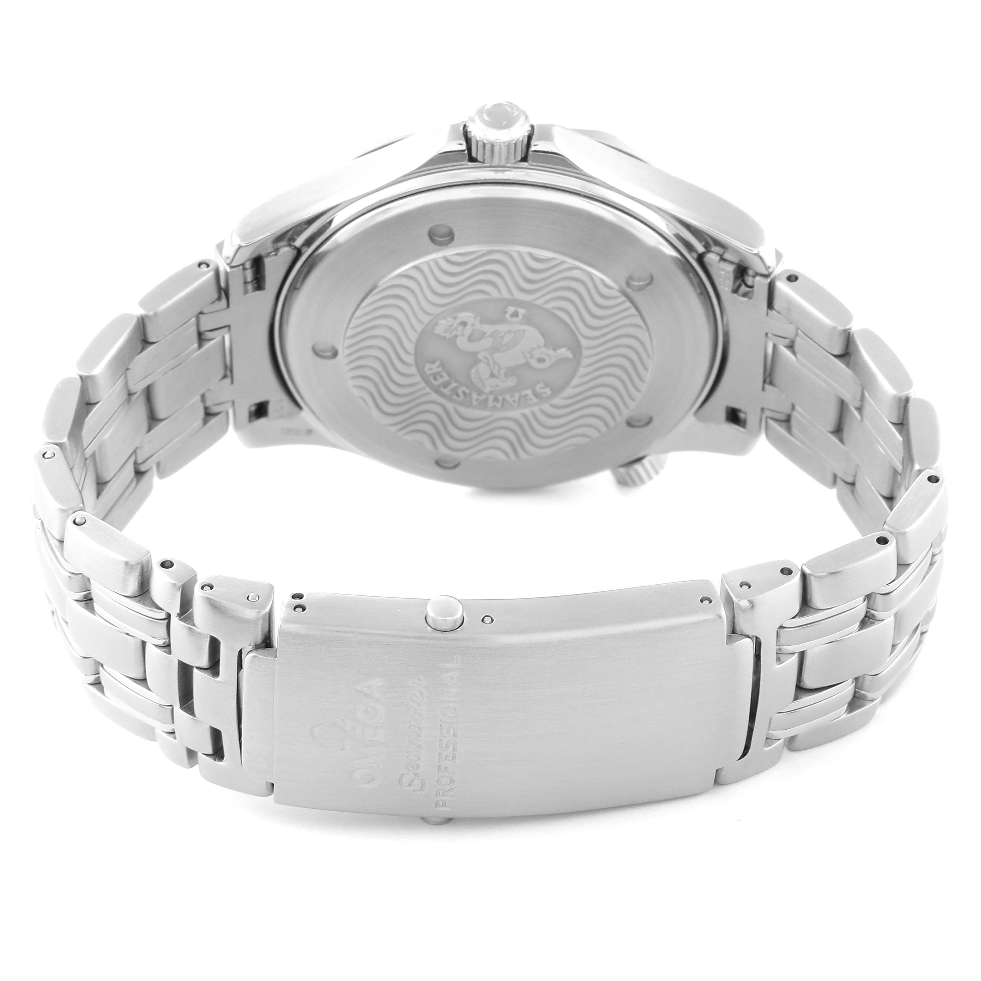 The image shows the back case, crown, and bracelet clasp of an Omega Seamaster 2531.80.00 Men
s Stainless Steel Blue Dial 2531.80.00 Men
s Stainless Steel Blue Dial watch from a rear angle.