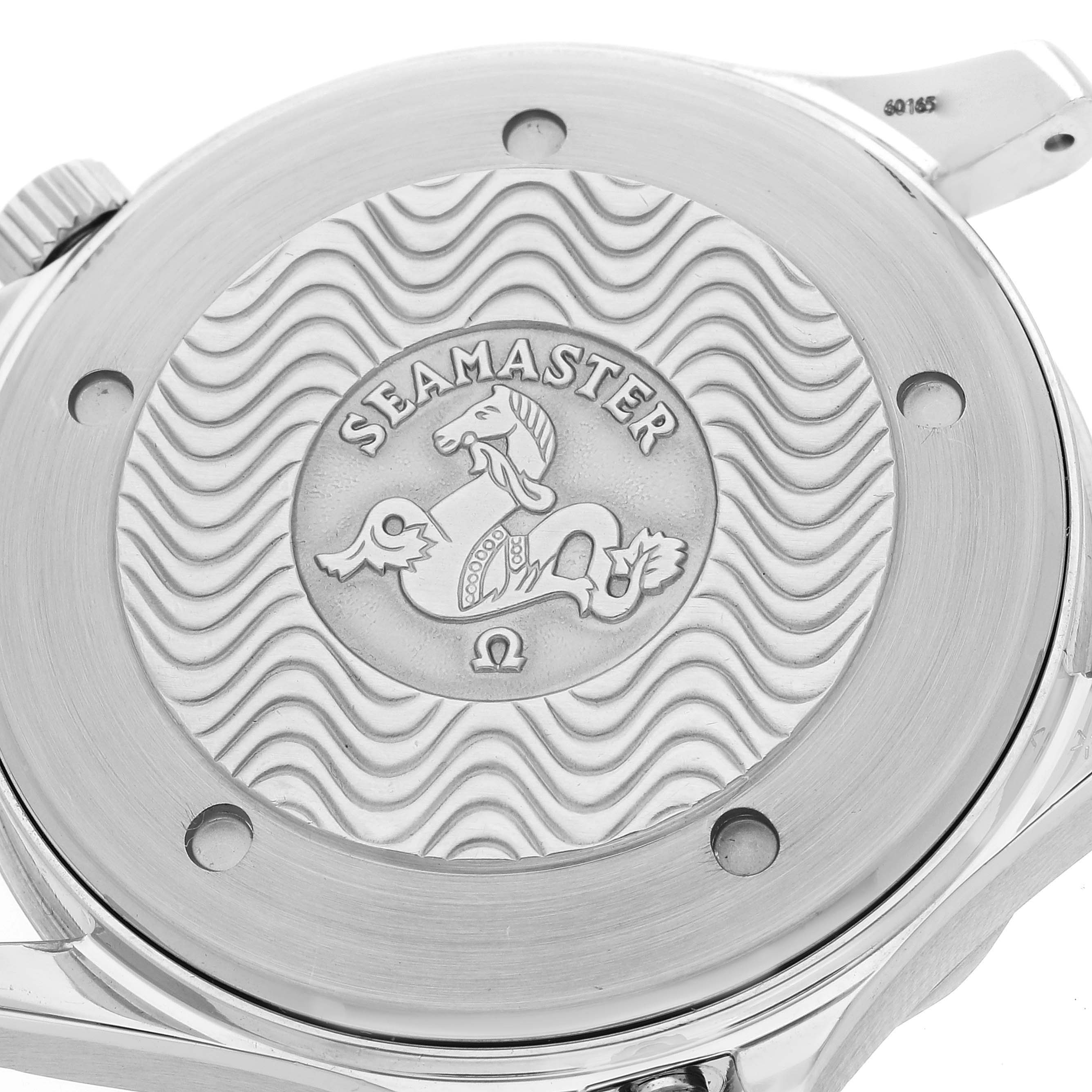 The image shows the case back of an Omega Seamaster 2531.80.00 Men
s Stainless Steel Blue Dial 2531.80.00 Men
s Stainless Steel Blue Dial watch with intricate engravings and the Seamaster logo.