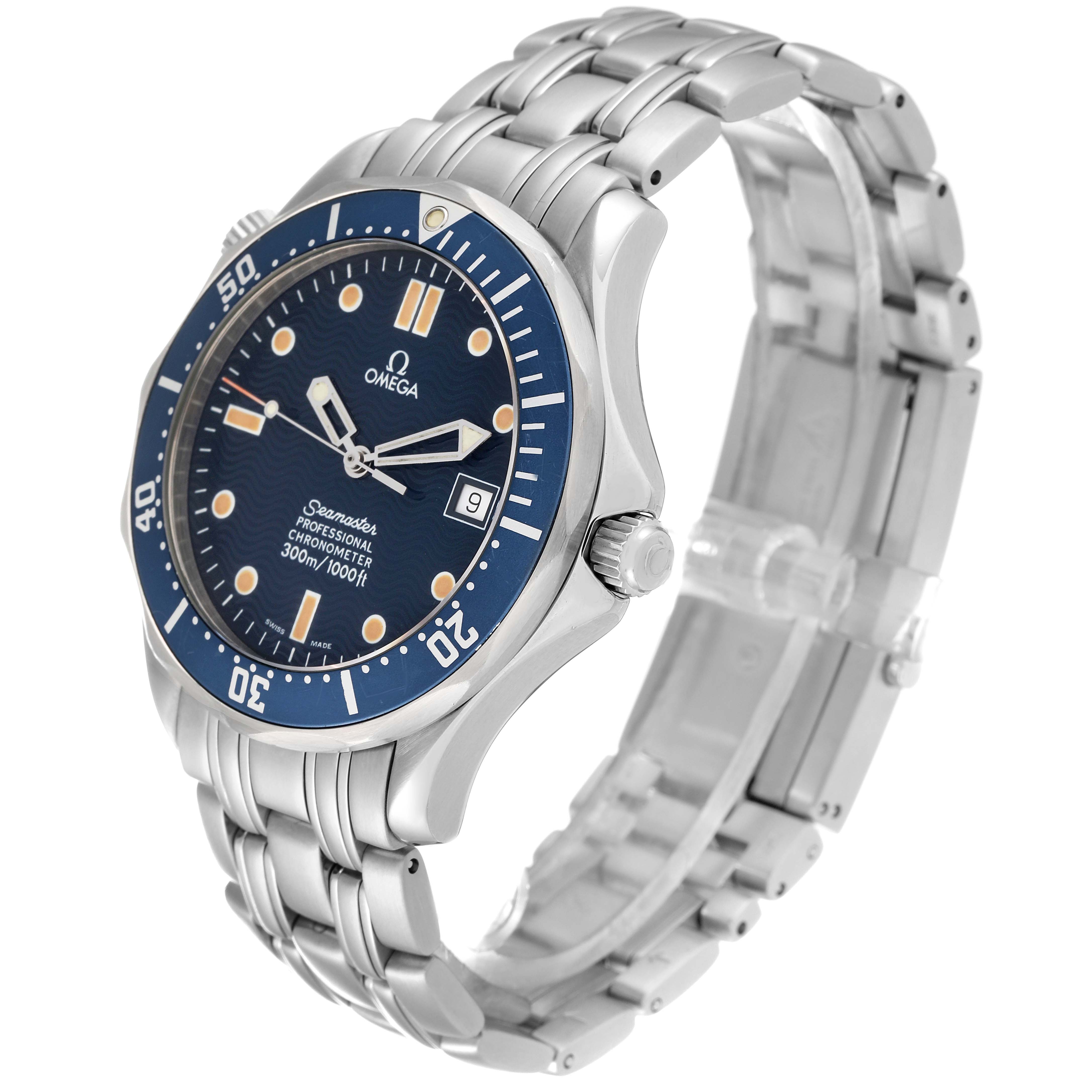 The Omega Seamaster 2531.80.00 Men
s Stainless Steel Blue Dial 2531.80.00 Men
s Stainless Steel Blue Dial watch is shown at an angle highlighting its face, bezel, and stainless steel bracelet.