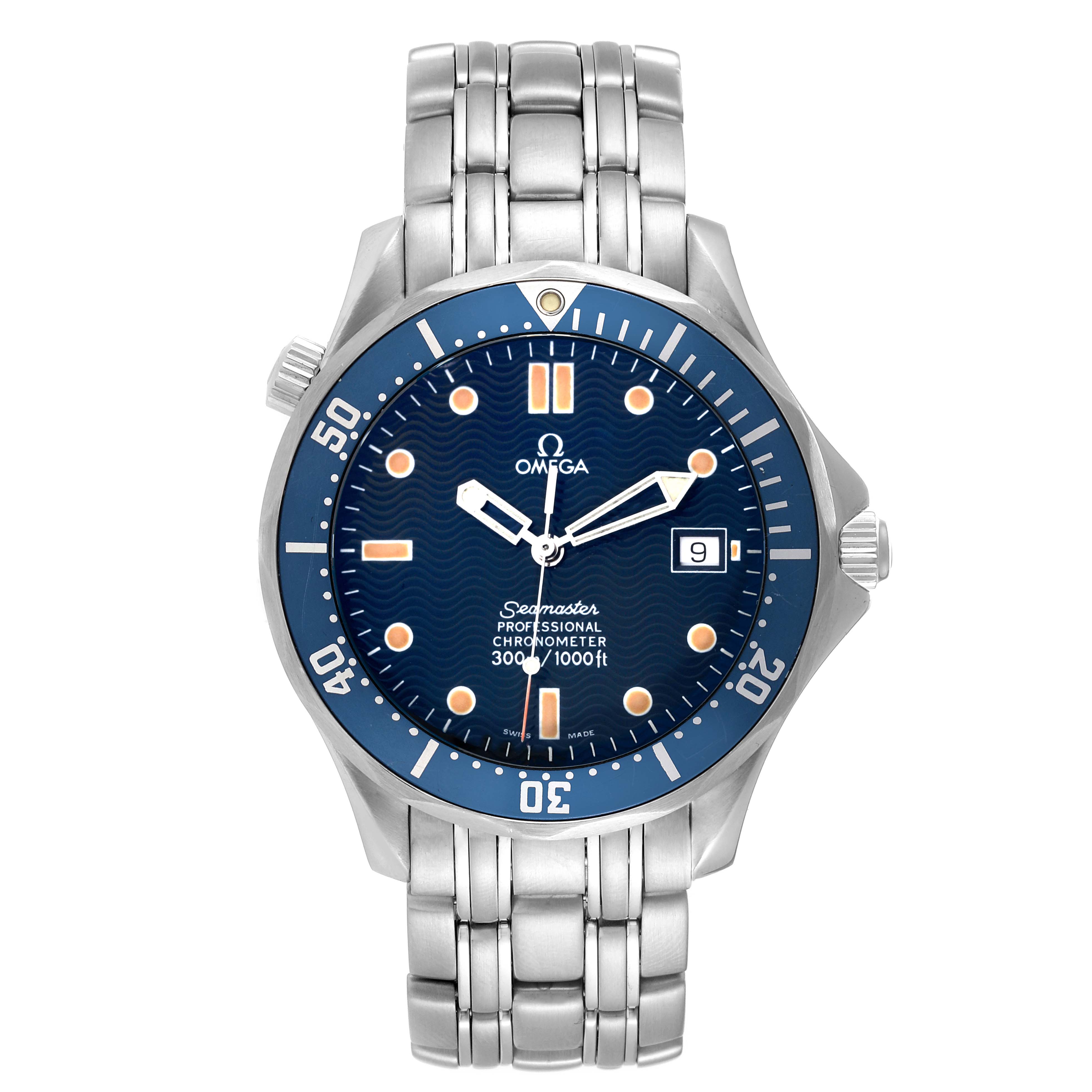 The Omega Seamaster 2531.80.00 Men
s Stainless Steel Blue Dial 2531.80.00 Men
s Stainless Steel Blue Dial watch is shown from a front angle, displaying its face, bezel, and bracelet.