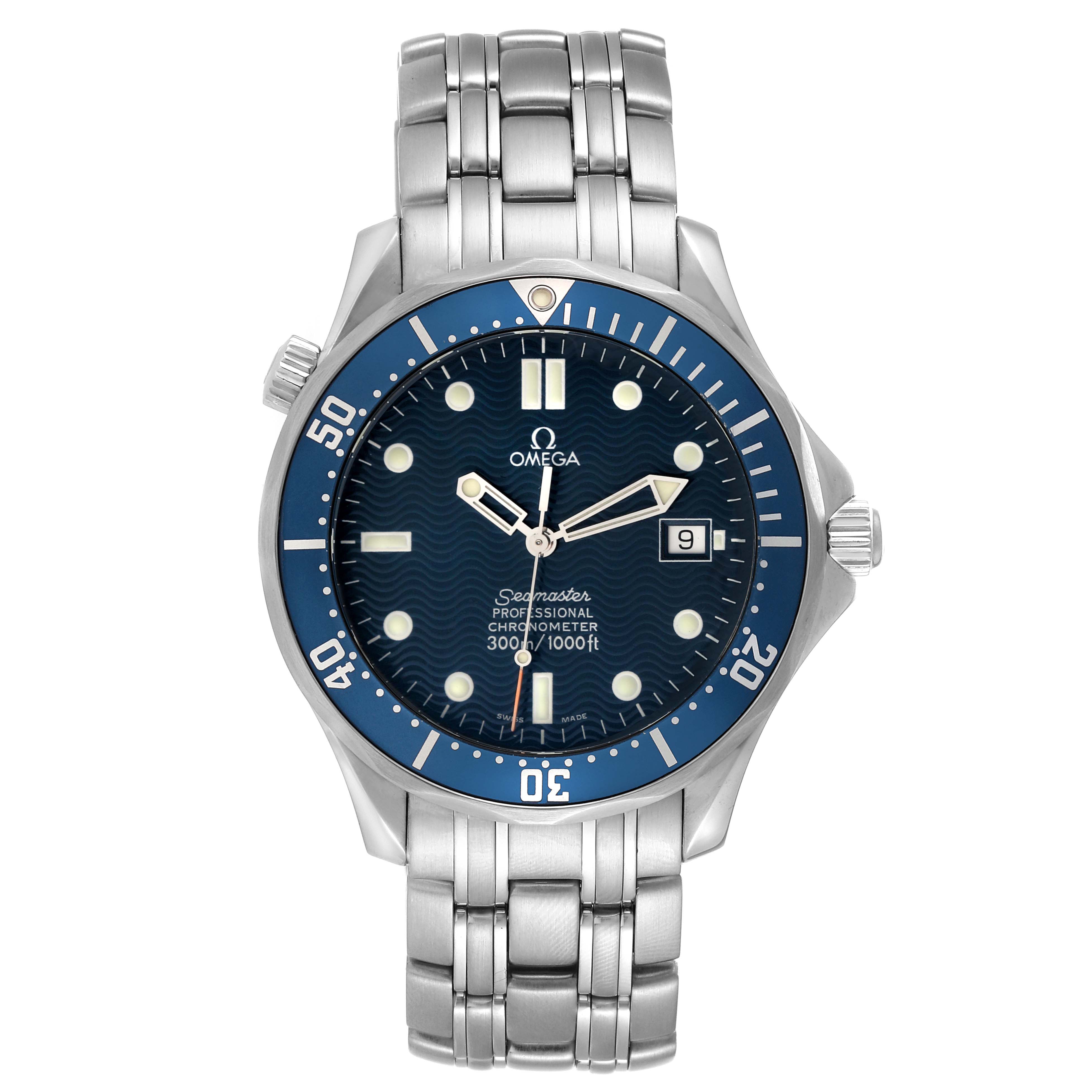 This is an Omega Seamaster 2531.80.00 Men
s Stainless Steel Blue Dial 2531.80.00 Men
s Stainless Steel Blue Dial watch shown from the front, displaying its face, bezel, crown, and stainless steel bracelet.