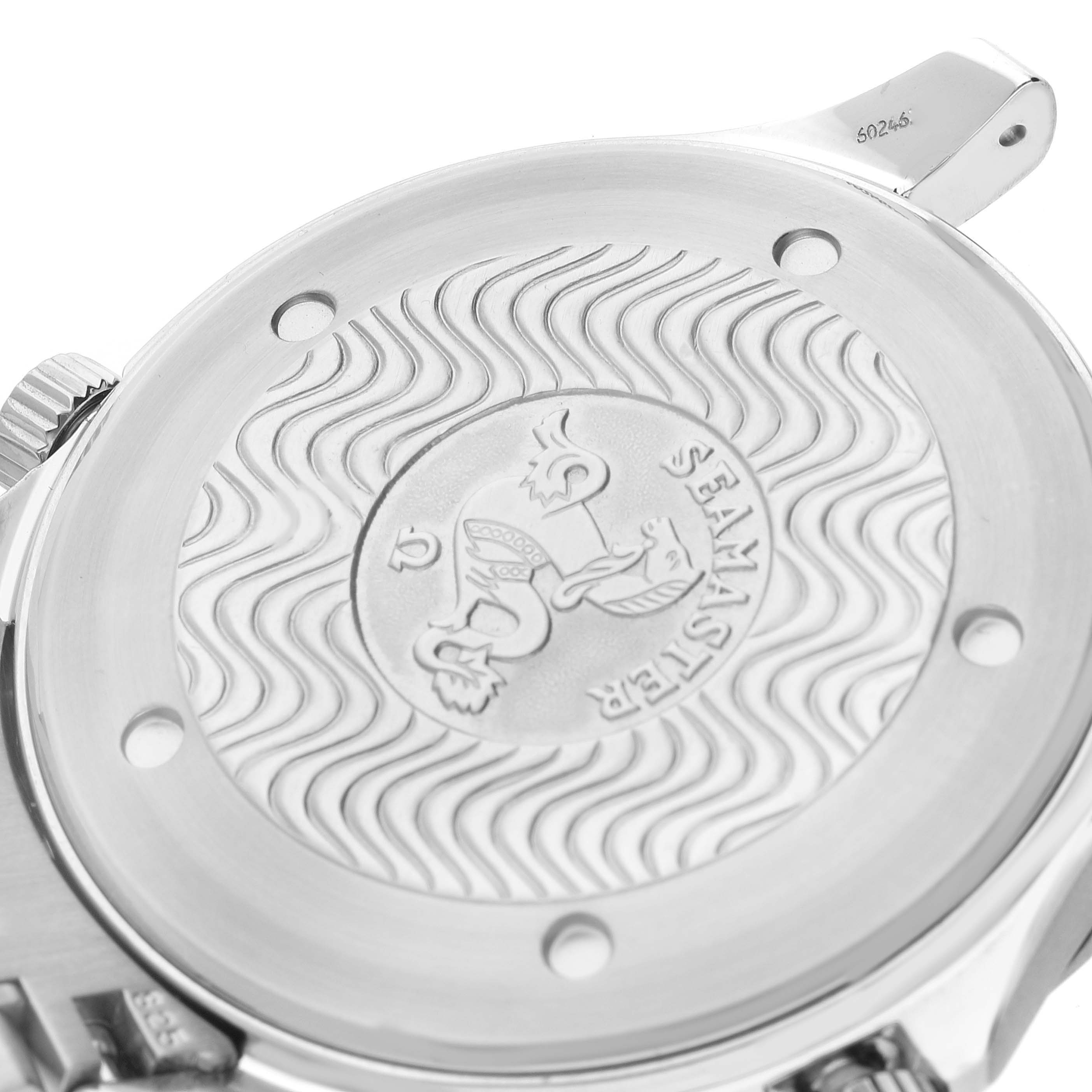 The image shows the engraved case back of an Omega Seamaster 2531.80.00 Men
s Stainless Steel Blue Dial 2531.80.00 Men
s Stainless Steel Blue Dial watch from an angled, close-up view.