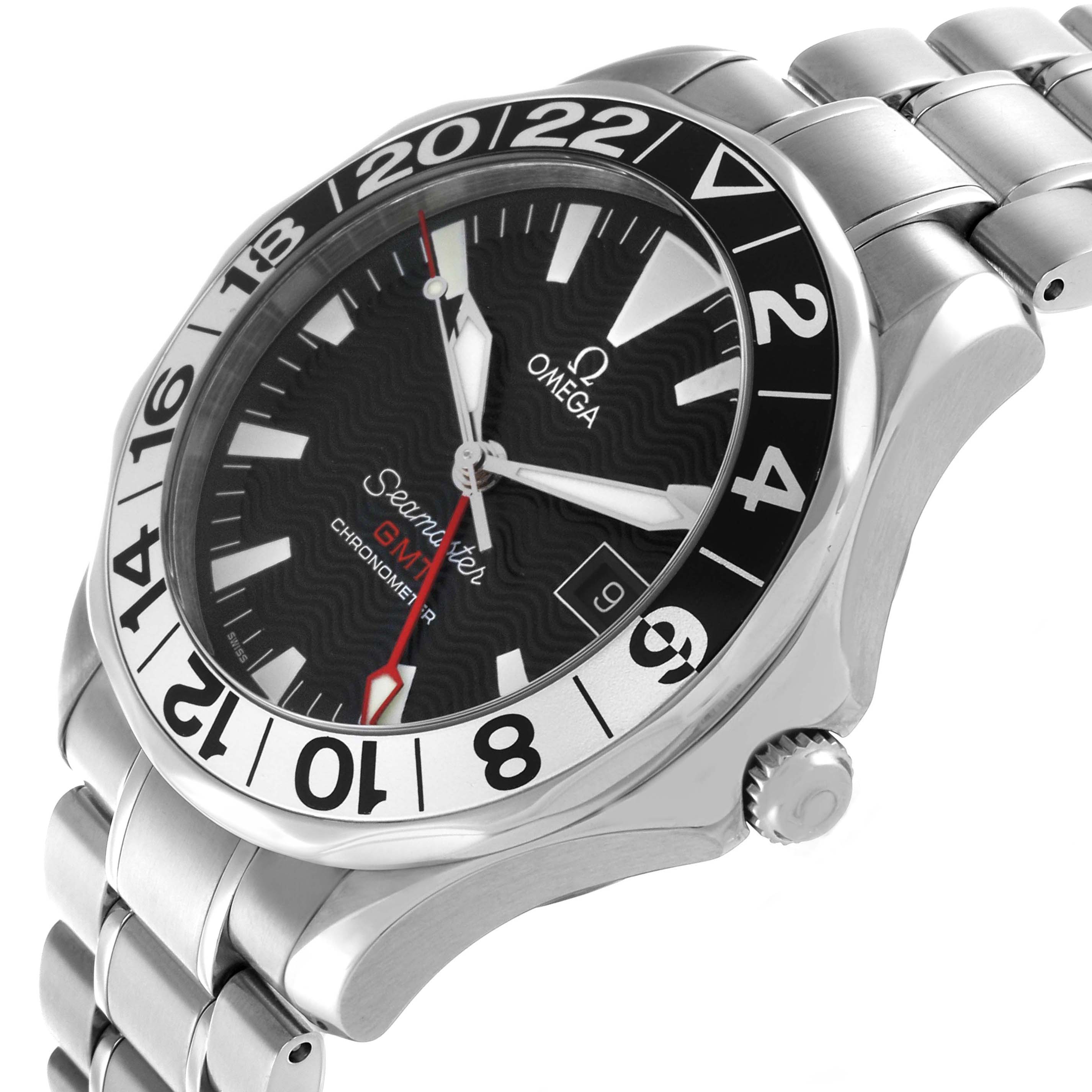 The Omega Seamaster 2536.50.00 Men's Stainless Steel Black Dial watch is shown at an angled side view, displaying the case, bezel, bracelet, and crown.